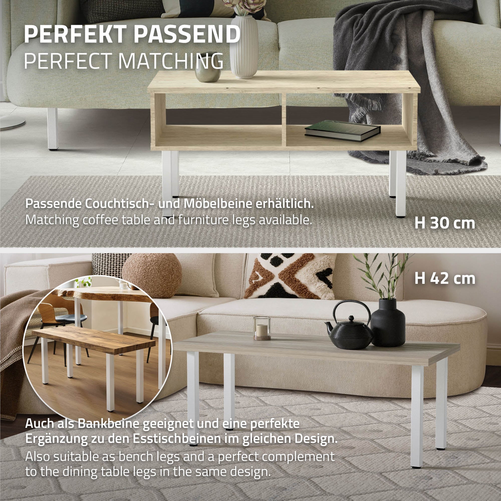 Due tavoli a diverse altezze, abbinati a mobili dello stesso design.