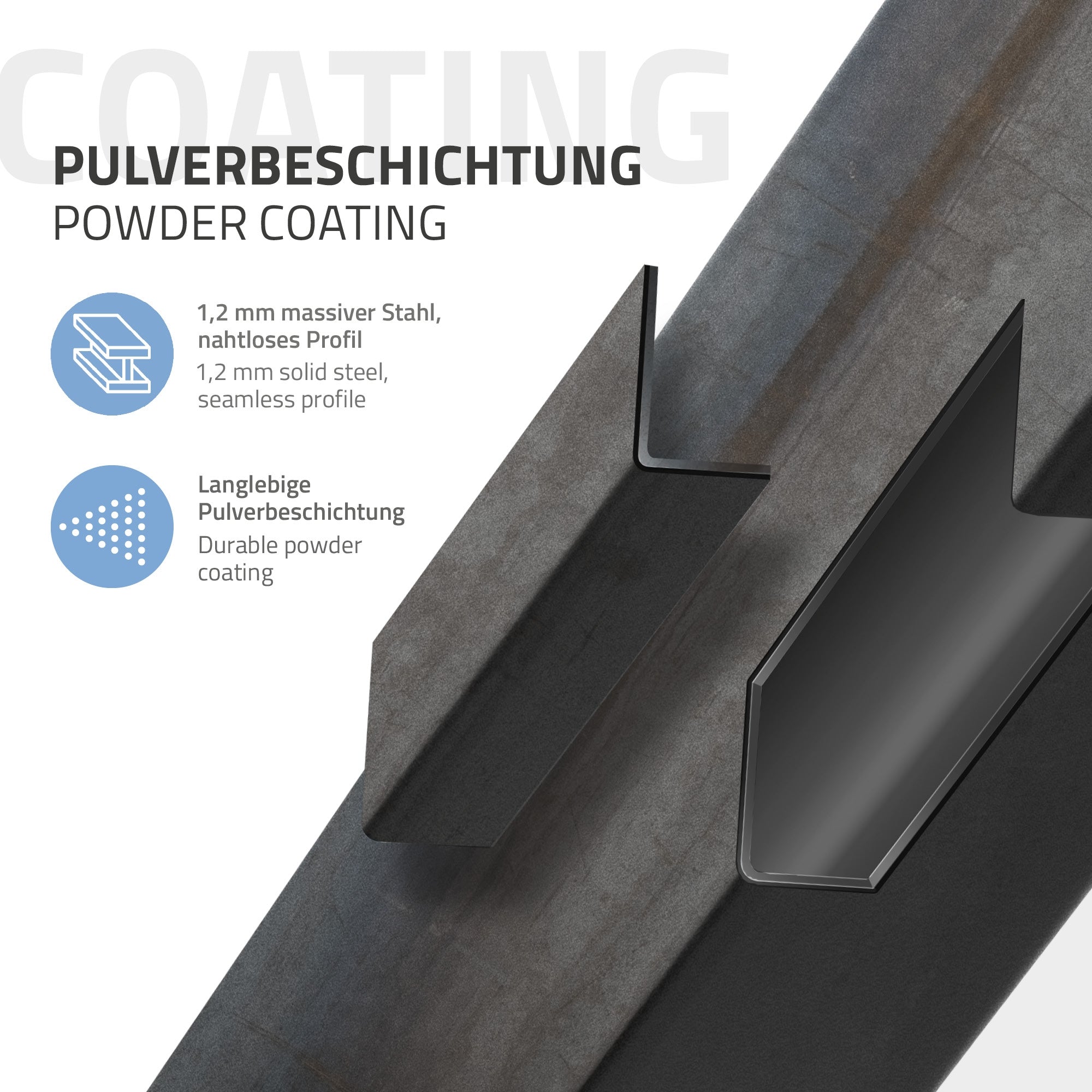 Detailansicht eines pulverbeschichteten Stahlprofils mit Maßangaben.