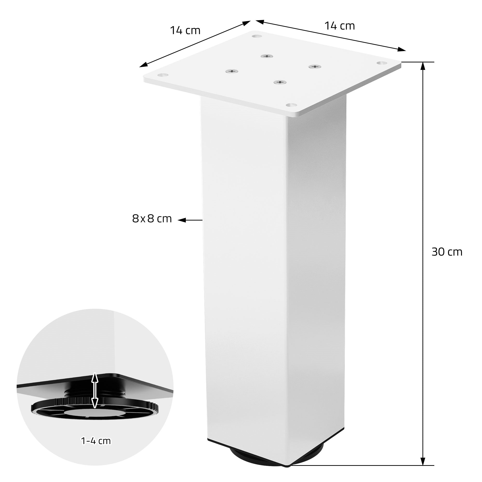 Una base de mesa cuadrada en blanco con dimensiones y orificios de montaje.
