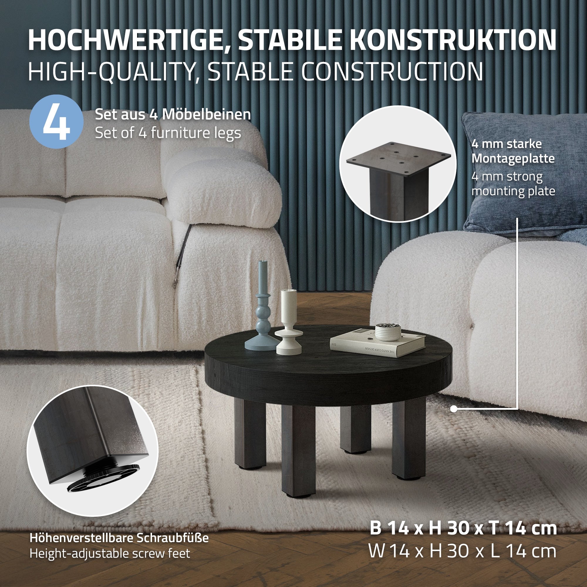 Ein Wohnzimmer mit einem runden Tisch und vier stabilen Möbelbeinen.