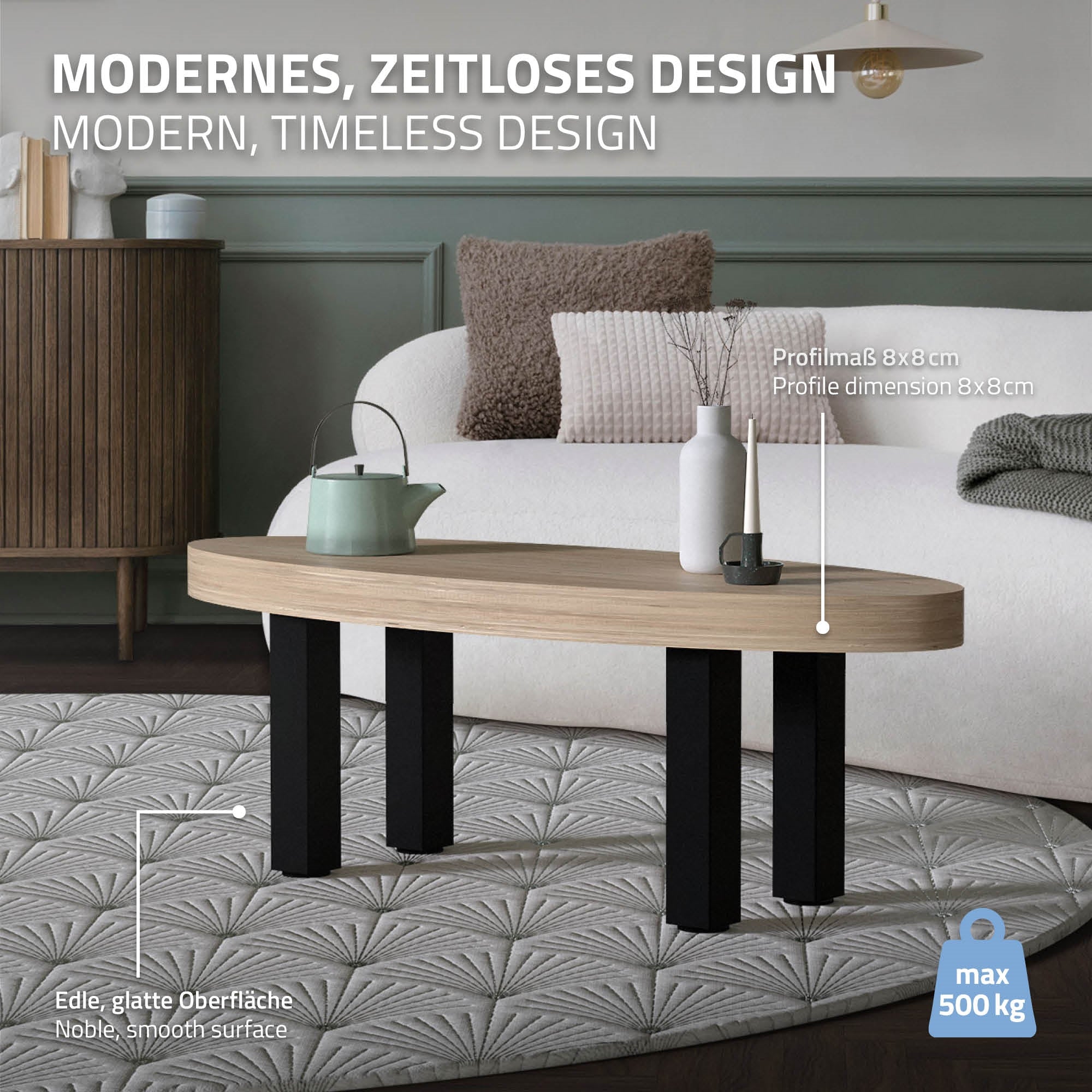 Una mesa de café moderna con una tapa de madera ovalada y patas negras sobre una alfombra con patrón.