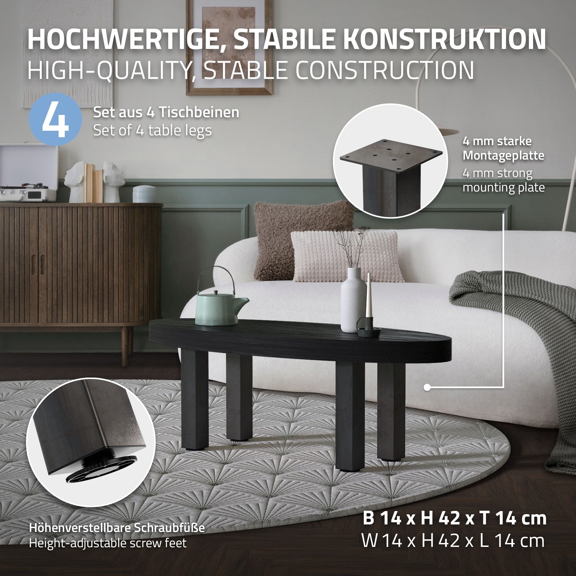 Tisch mit stabilen Beinen, Montageplatte und verstellbaren Schraubfüßen.