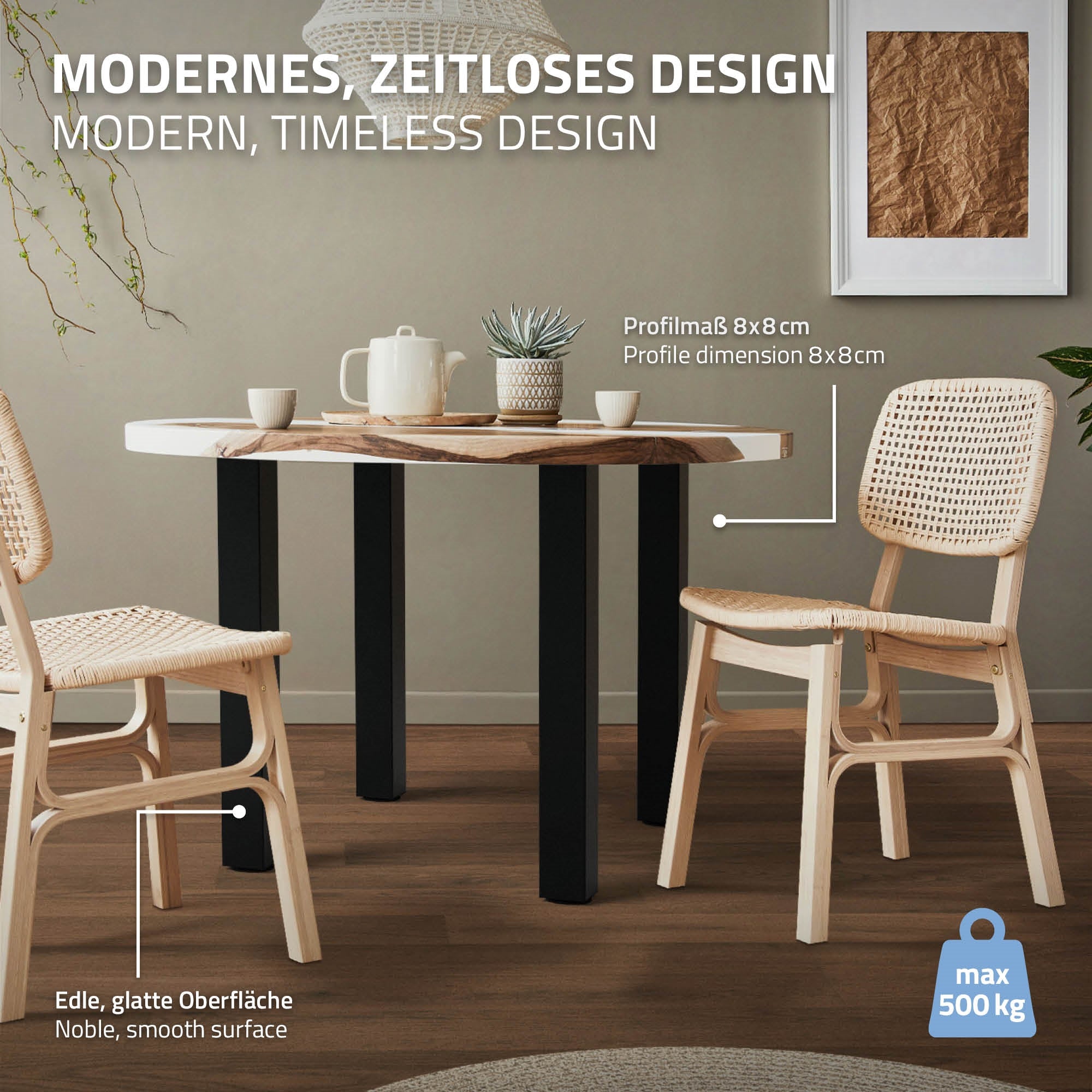 Table with a round wooden top and two chairs in a modern room.