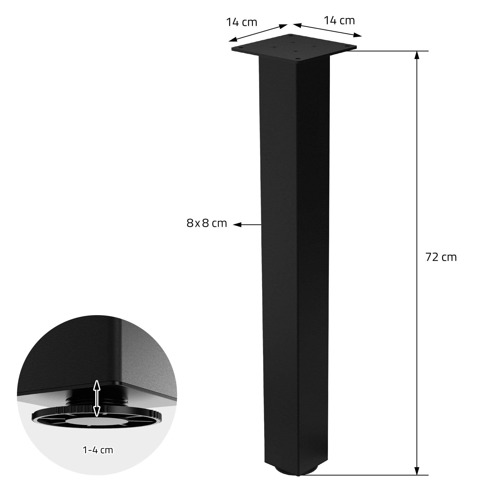 Black table leg with dimensions 14x14 cm and height 72 cm.