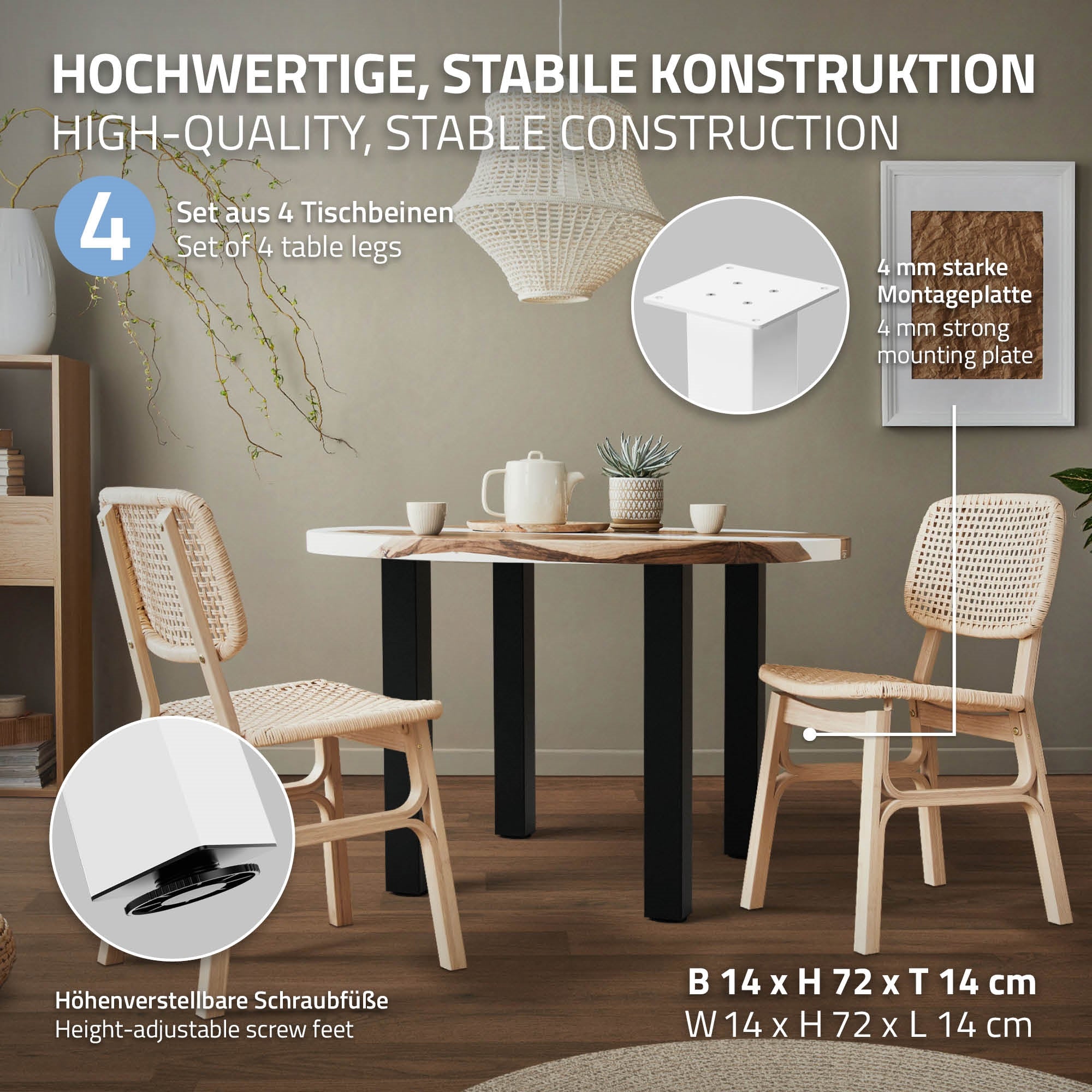 A table with four chairs in a modern room, decorated with plants and lamps.