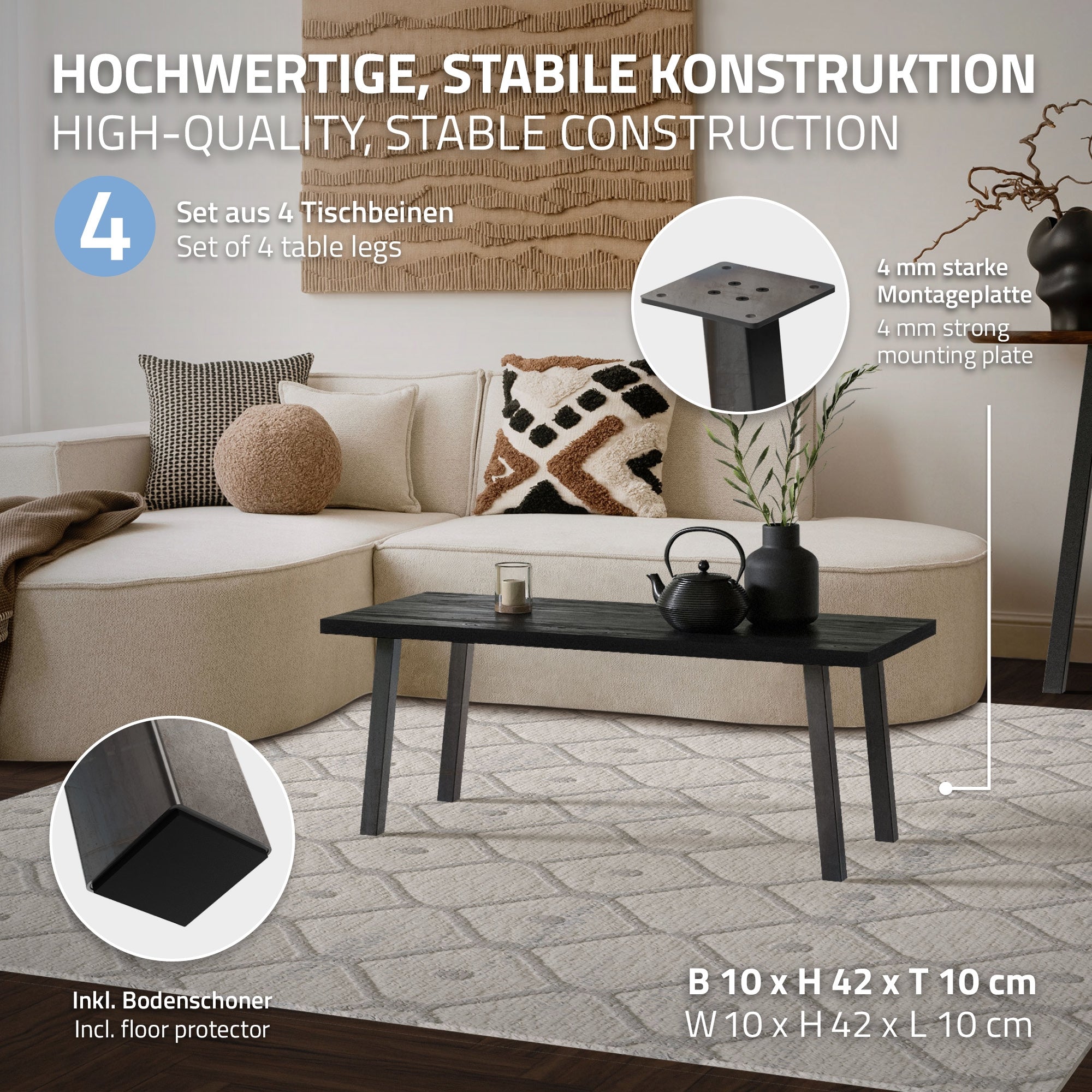 Tafel met stabiele tafelpoten en montageplaat op een tapijt.