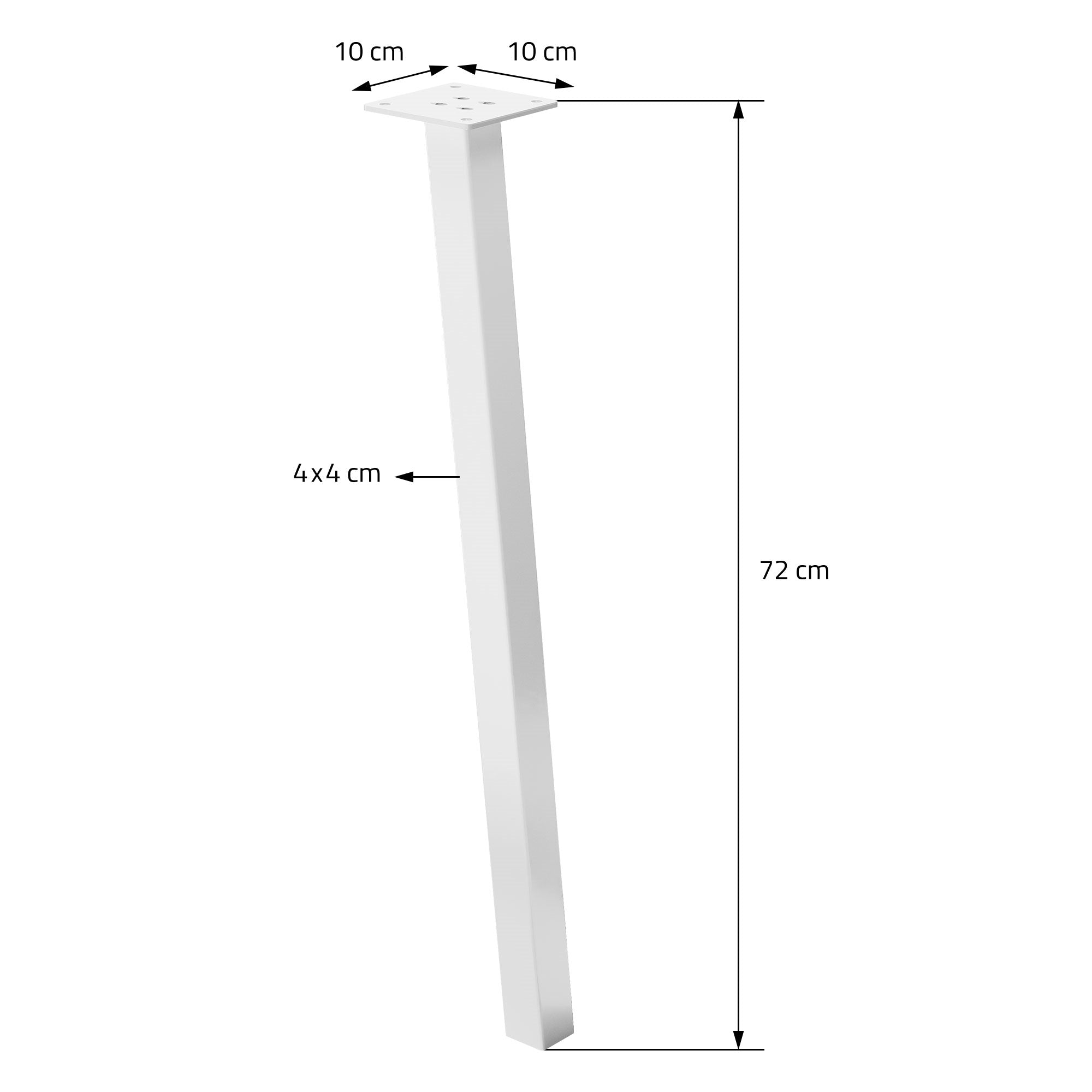Una gamba del tavolo bianca con misure: 10 cm x 10 cm, altezza 72 cm.