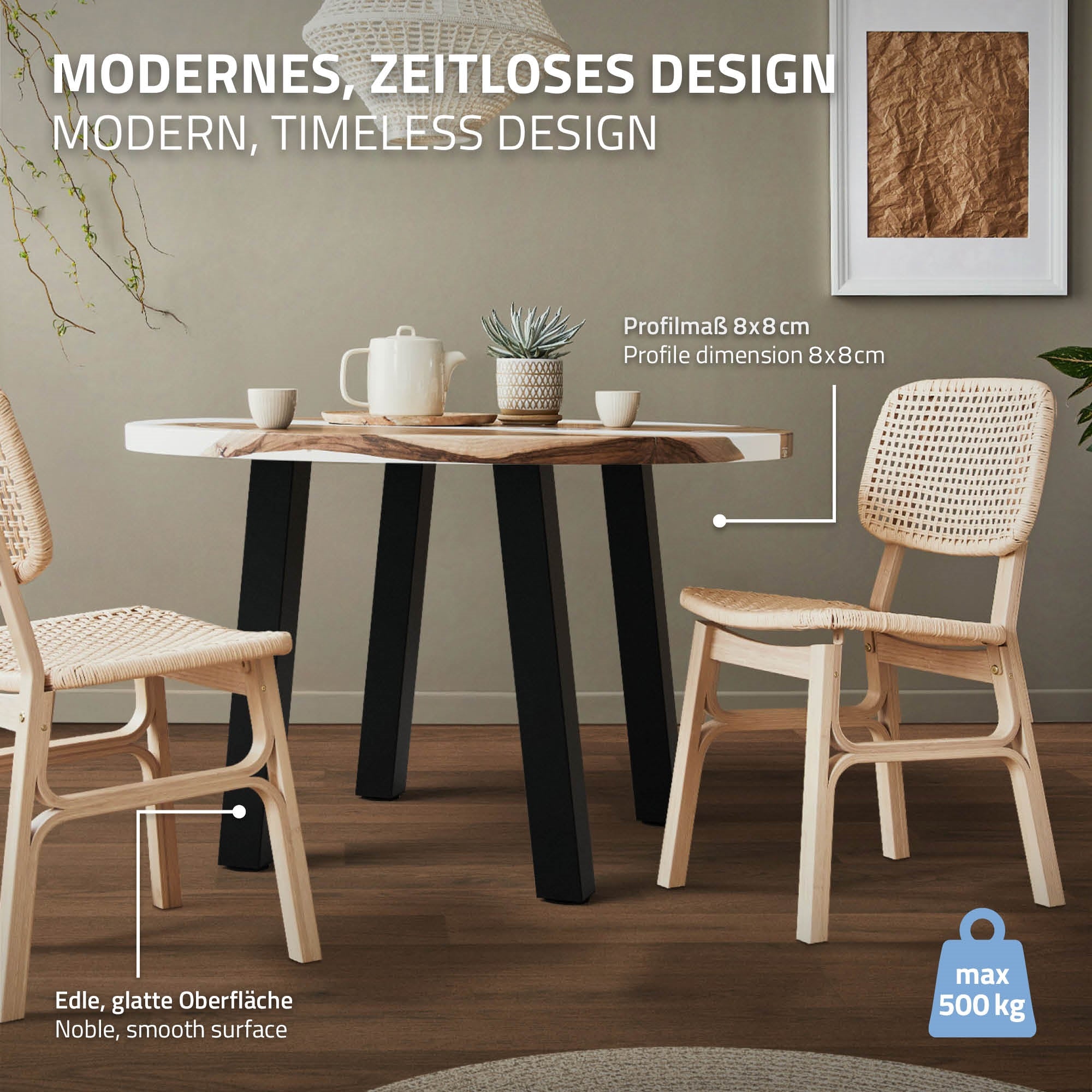 Table ronde avec deux chaises, décorée de tasses et d'une plante.