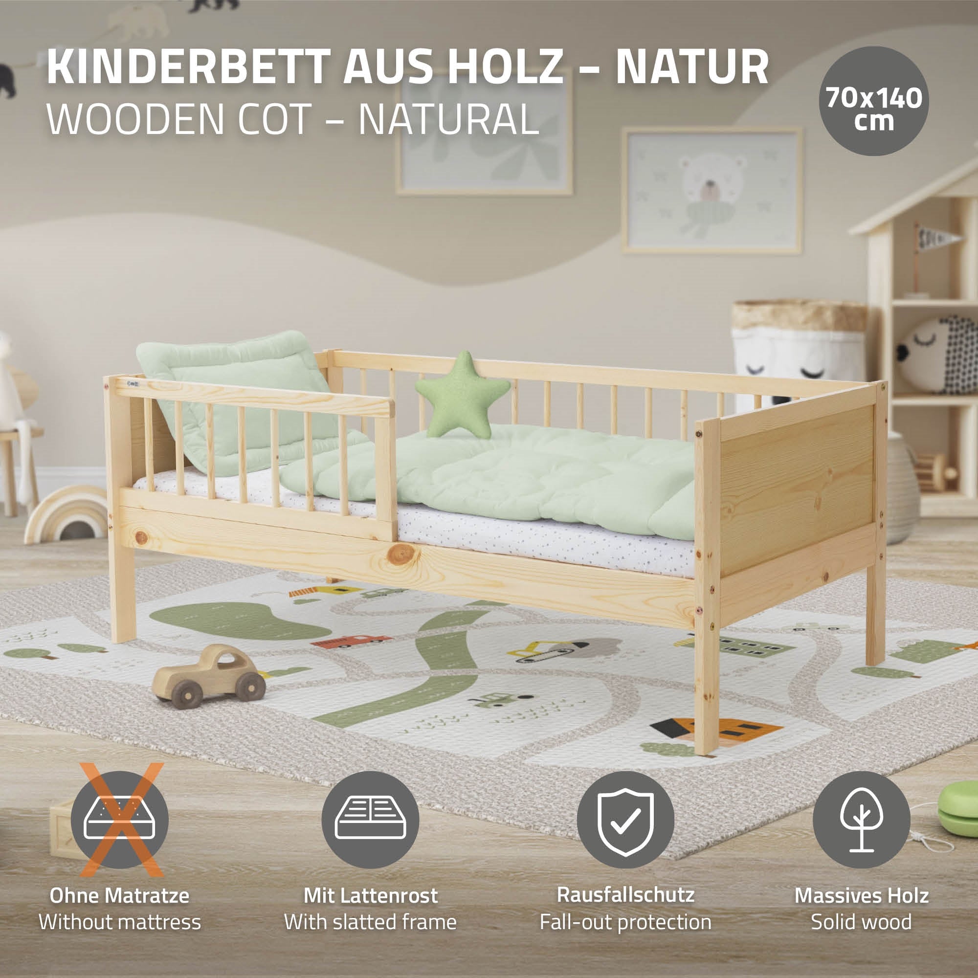 Natürliche Holzfarbe Kinderbett mit Matratze und Rausfallschutz.