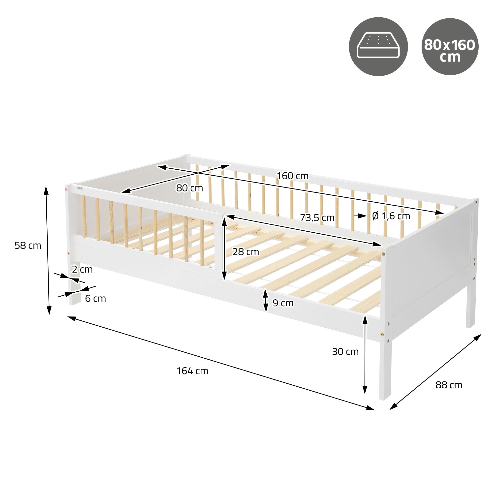 Måltegning af en seng med dimensioner i cm og diagram.