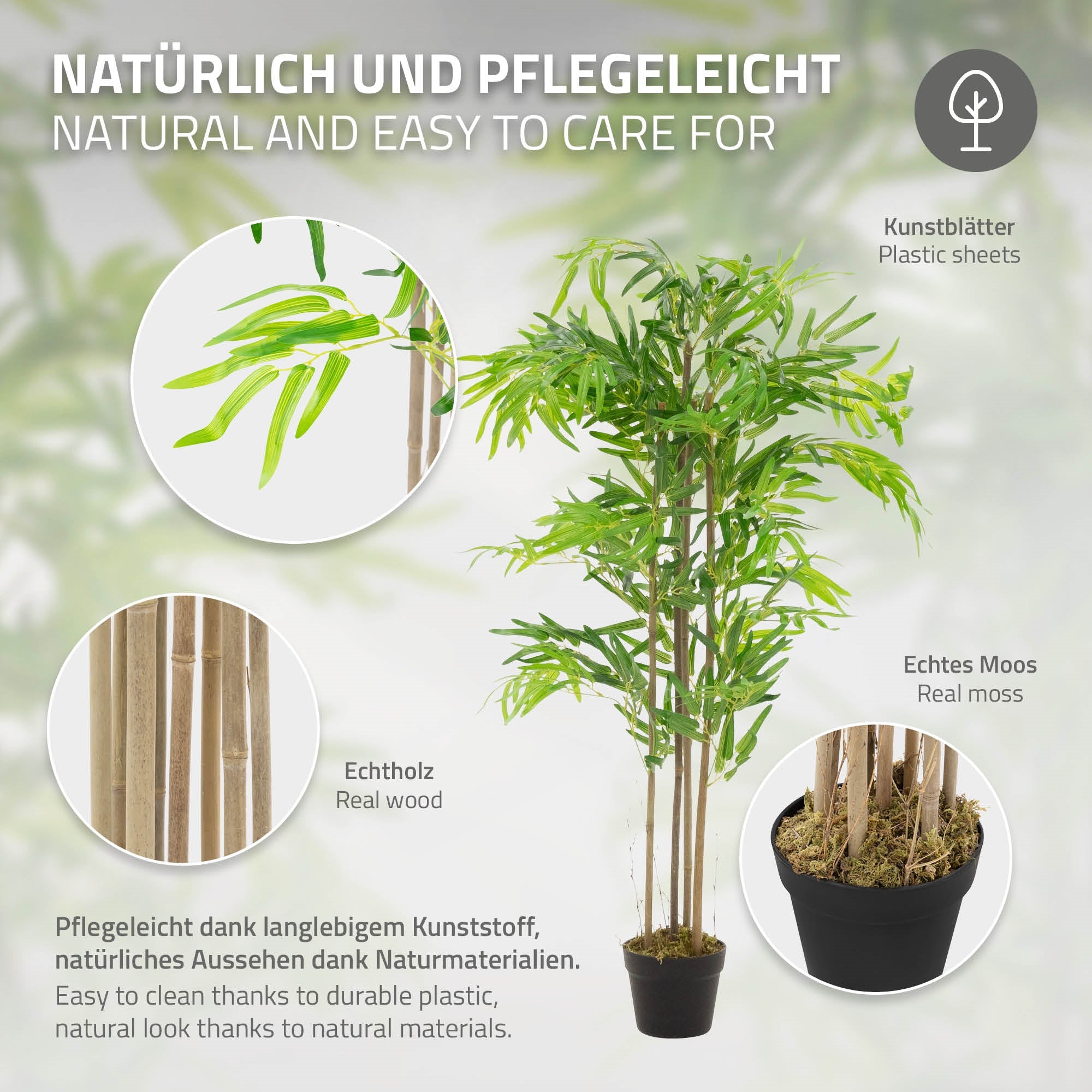 Graphic with information about an artificial tree and care instructions.