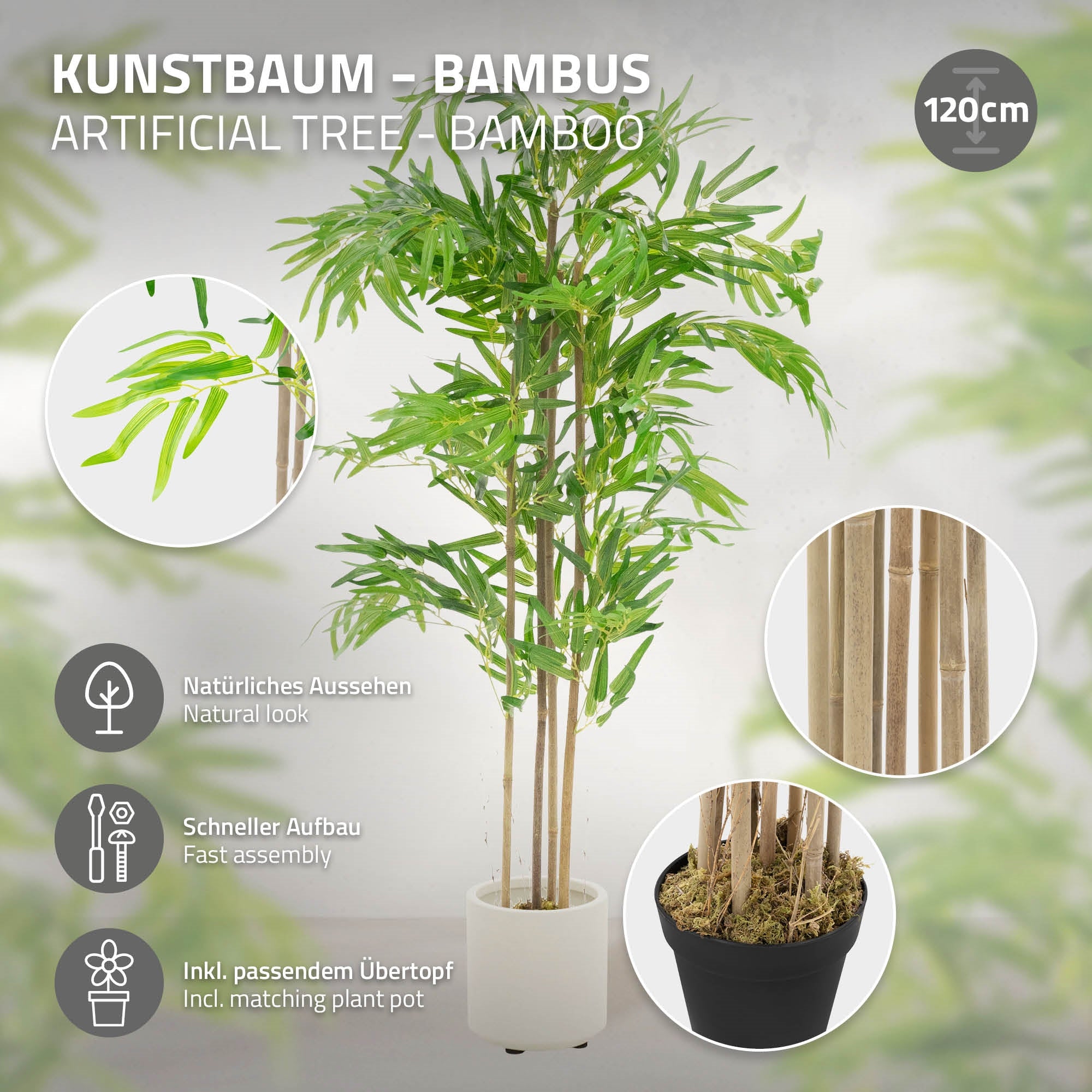 Artificial tree with description, natural appearance, and easy assembly.