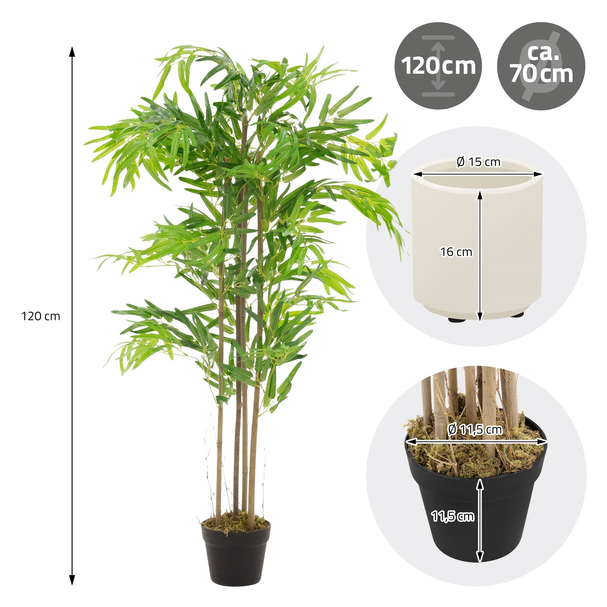 Measurements of an artificial plant with pot, height 120 cm, diameter 15 cm.