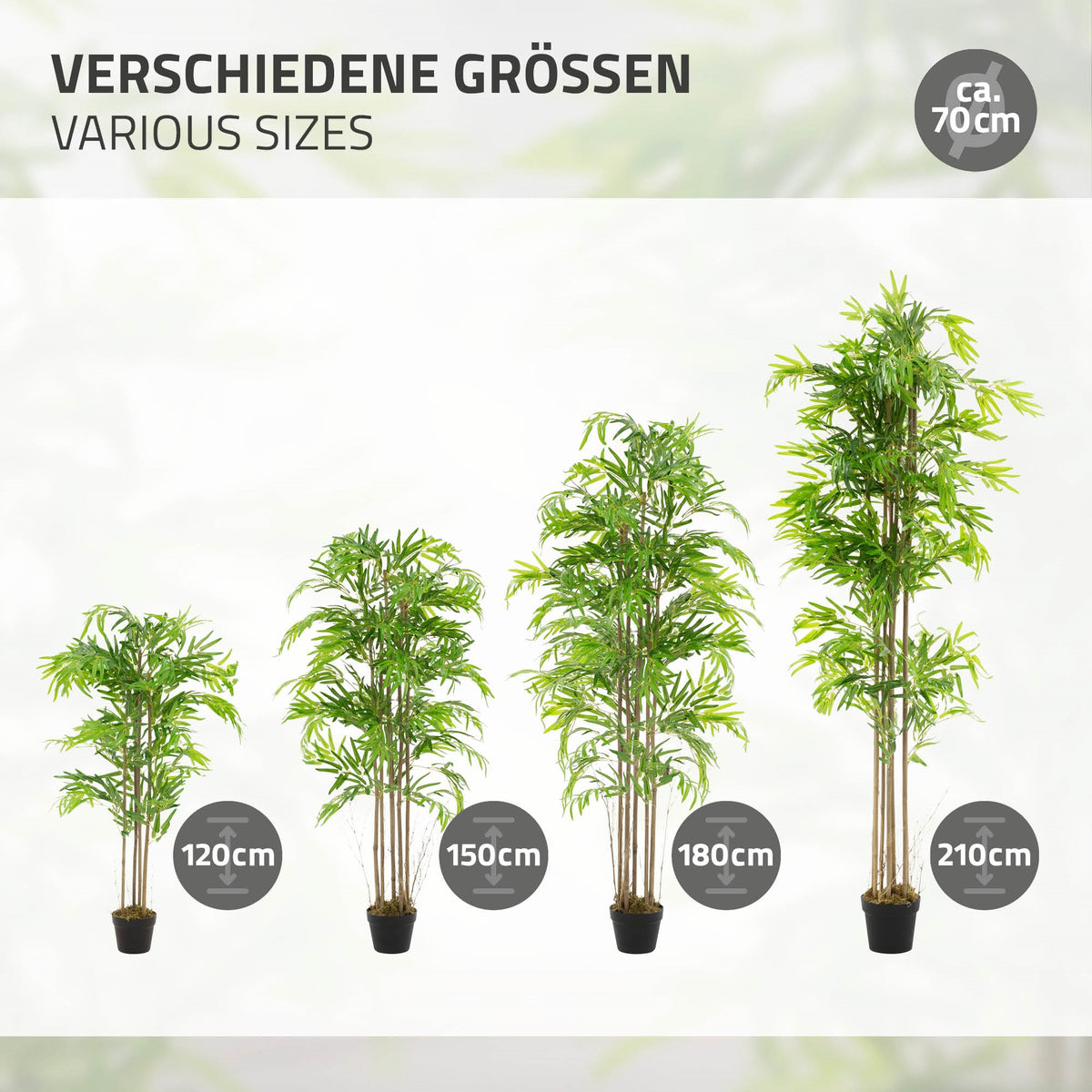 Verschiedene Größen von Kunstbäumen, 120 cm bis 210 cm.