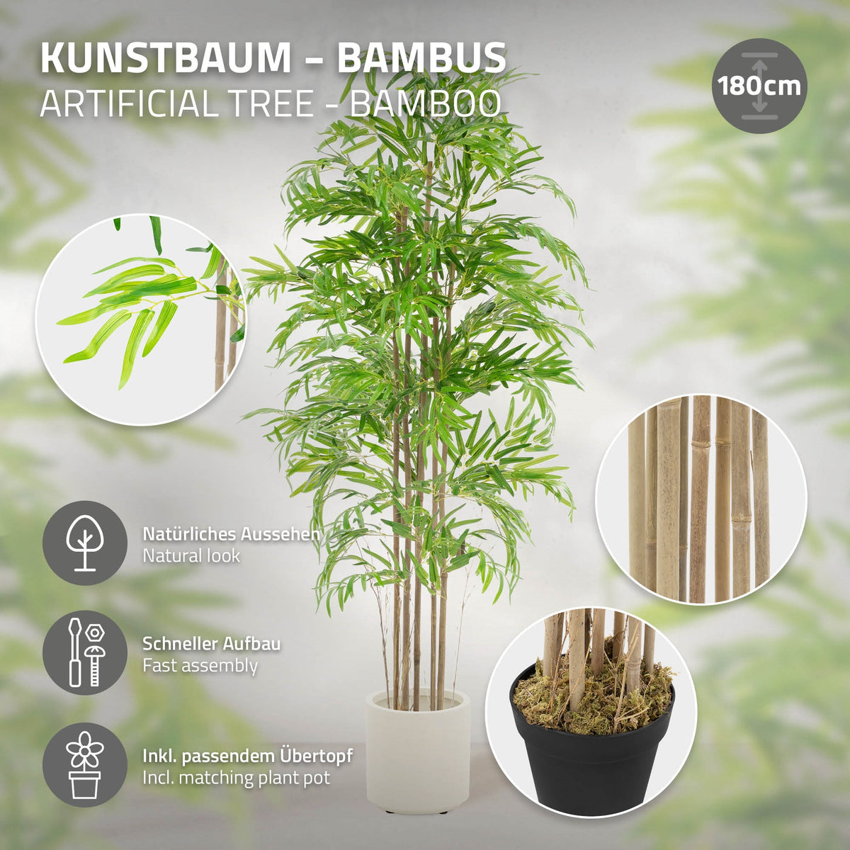 Kunstbaum aus Bambus in einem weißen Topf, 180 cm hoch.