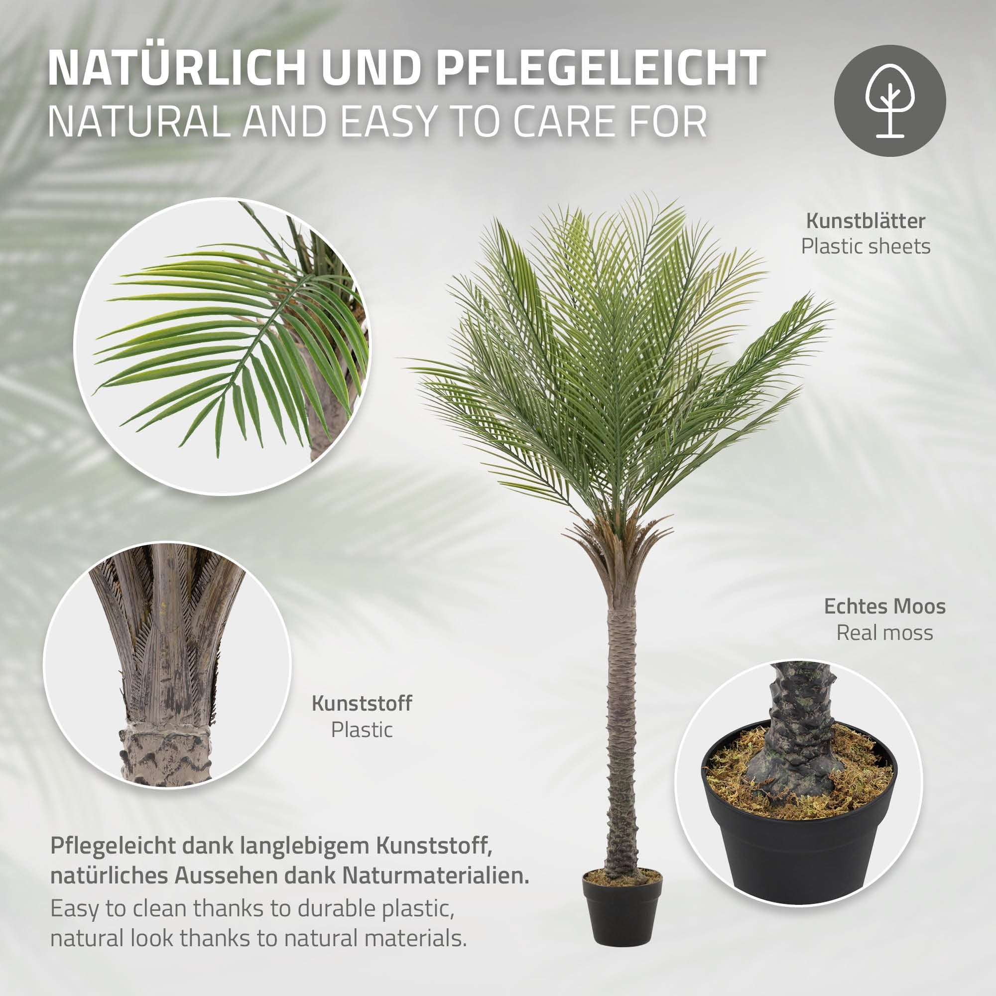 Kunstbaum Palme, pflegeleicht, mit Kunststoffblättern und echtem Moos.