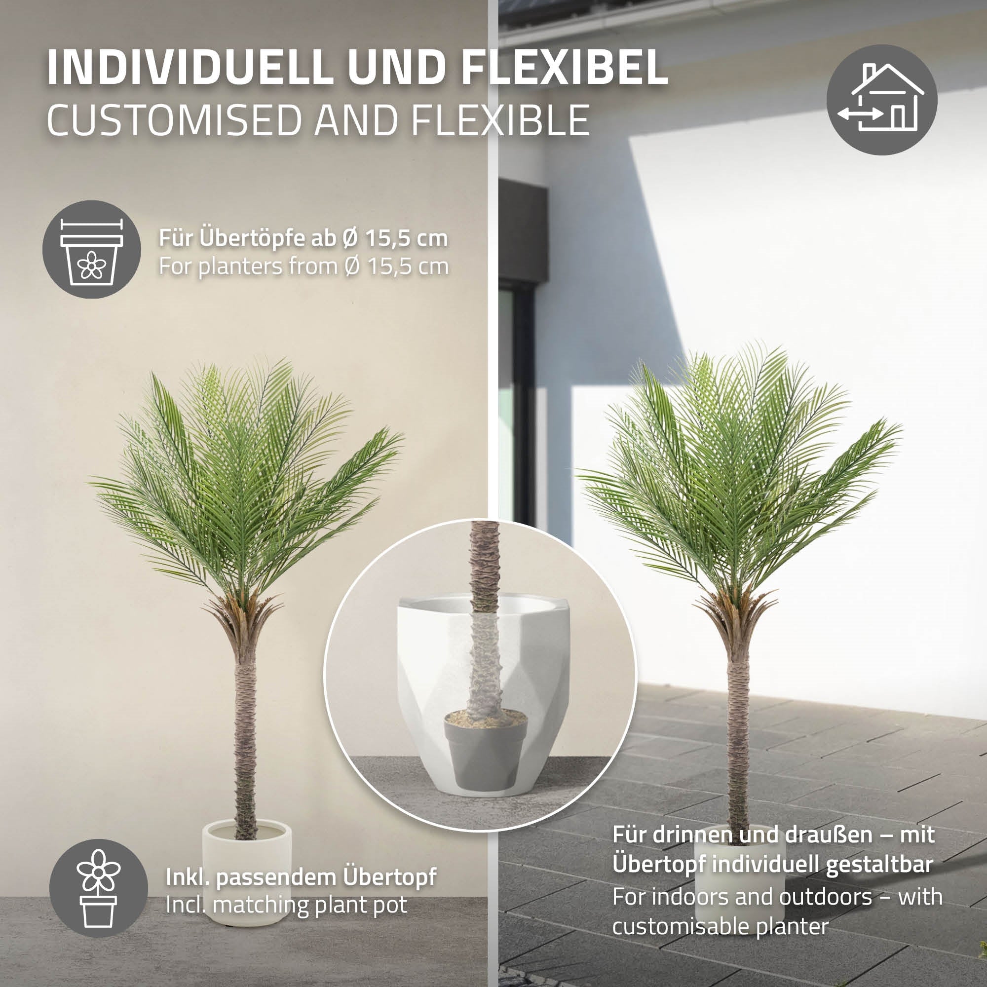 Artificial palm tree, customizable with a matching outer pot.