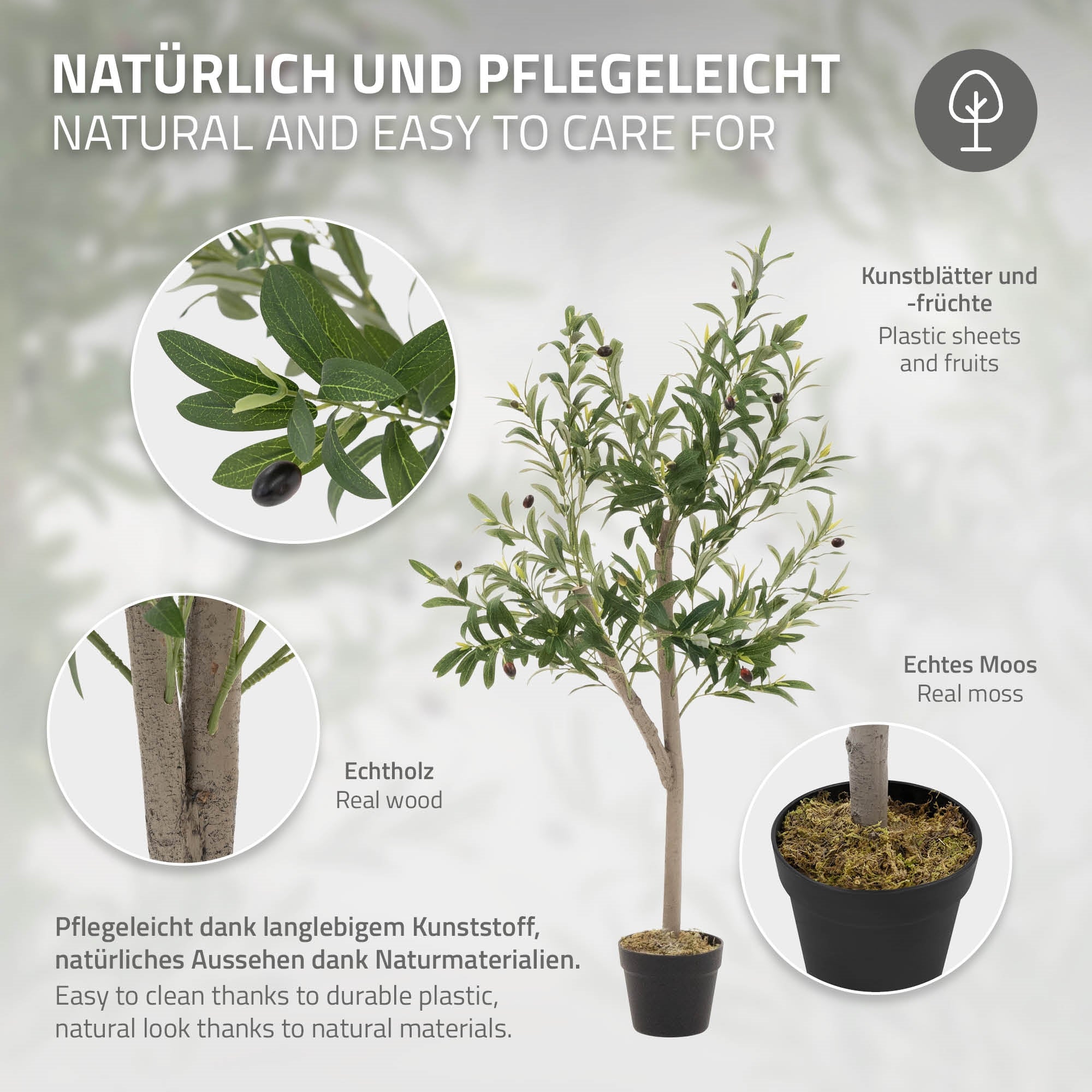 Kunstbaum mit Oliven und echtem Moos in einem schwarzen Topf.