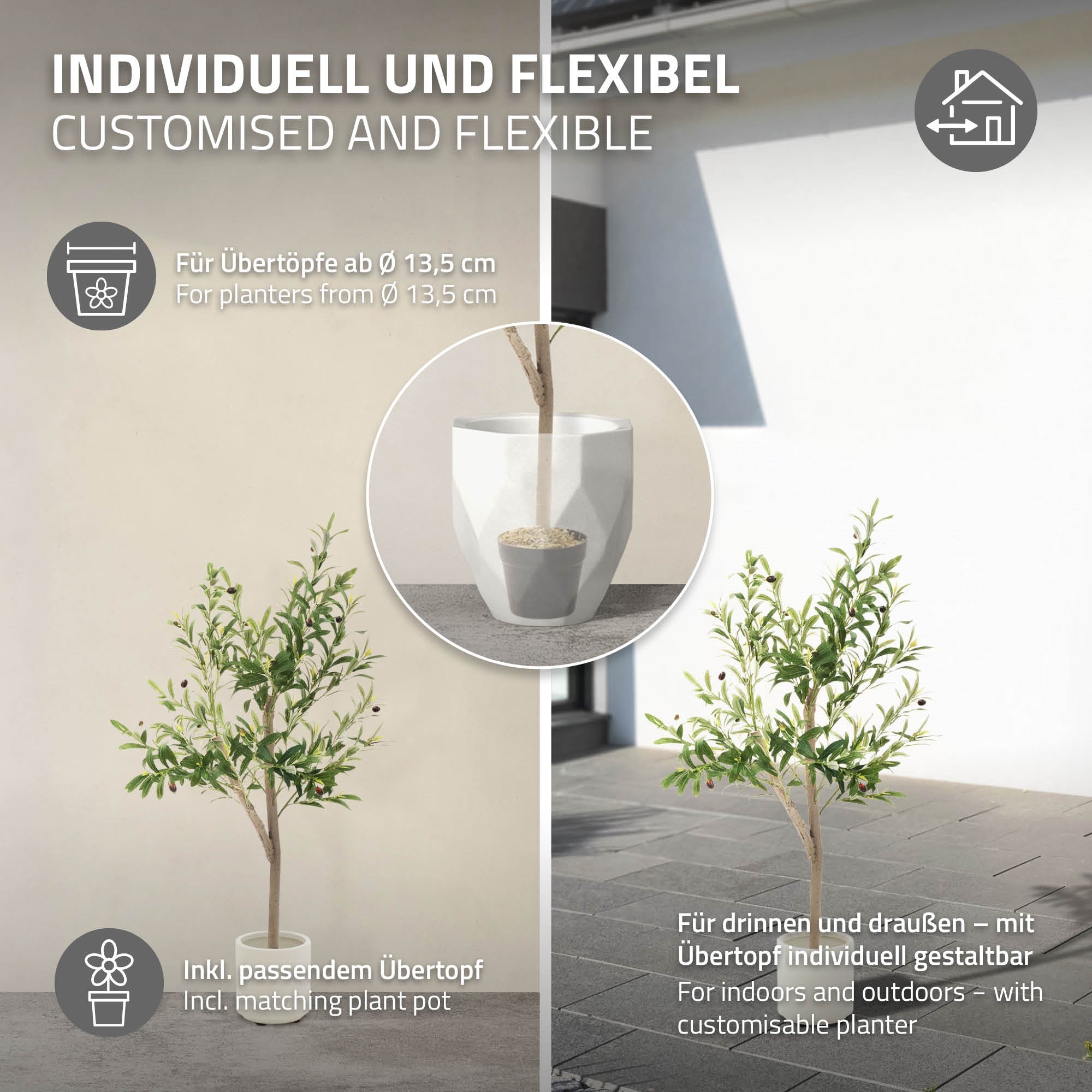 Künstlicher Baum in einem Topf, individuell gestaltbar für Innen und Außen.