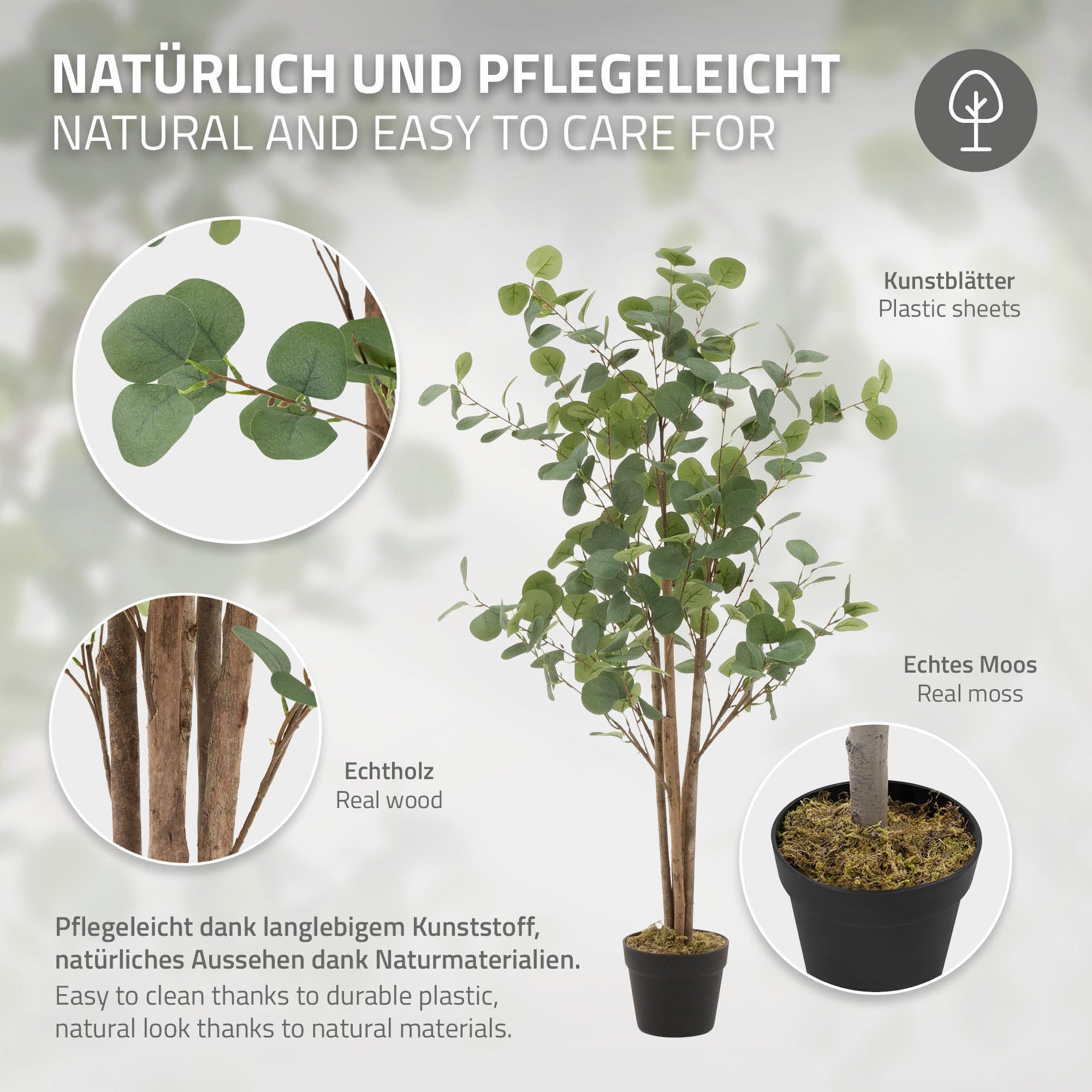Nahaufnahme eines künstlichen Baums mit Kunstblättern und echtem Moos, beschriftet mit Pflegehinw