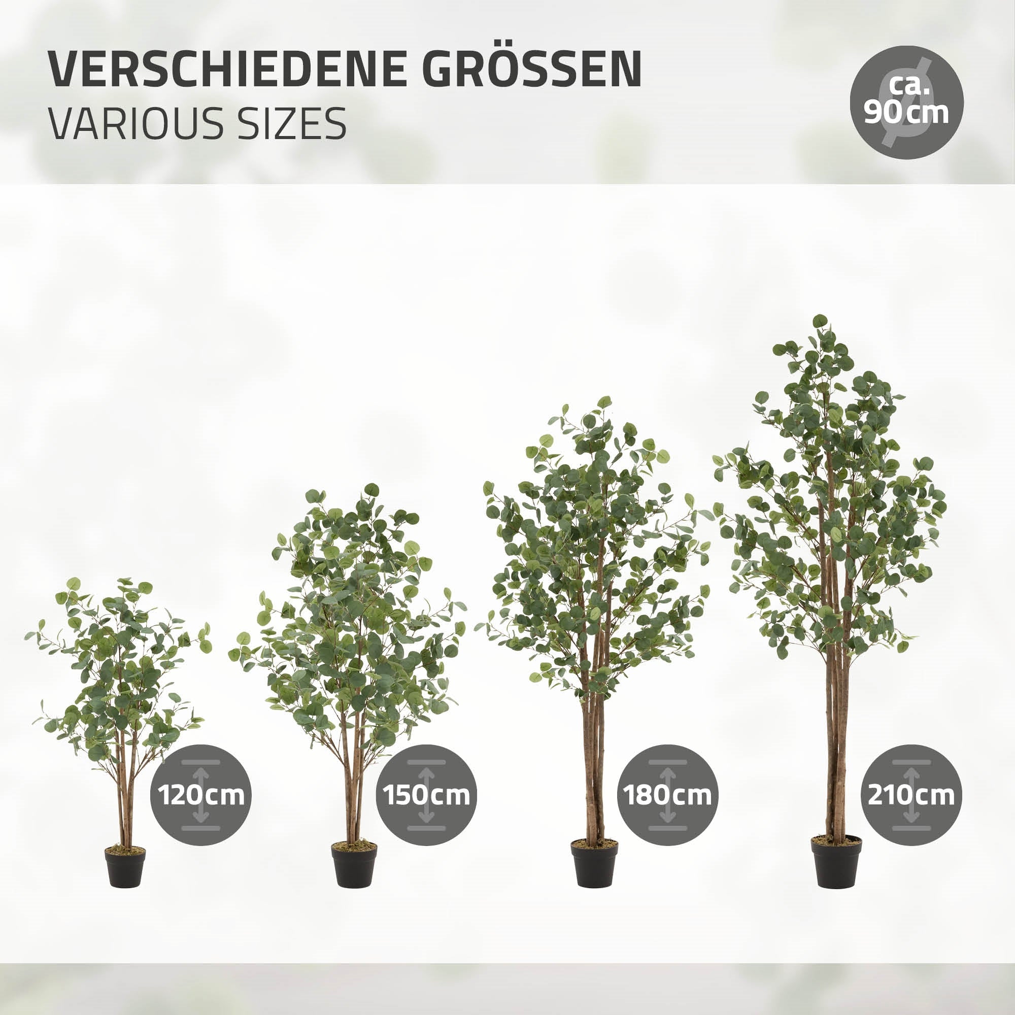 Vier Kunstpflanzen in verschiedenen Größen, von 120 cm bis 210 cm.