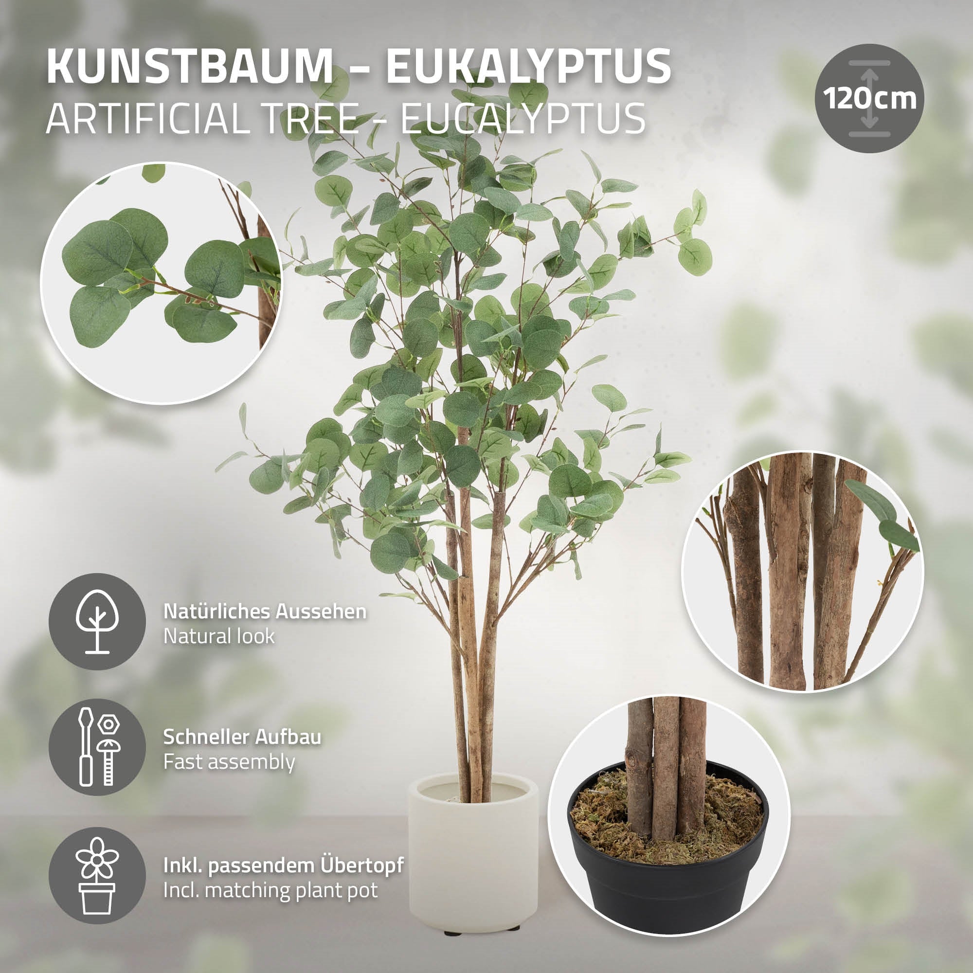 Künstlicher Eukalyptusbaum mit Beschreibung und Höhe 120 cm.