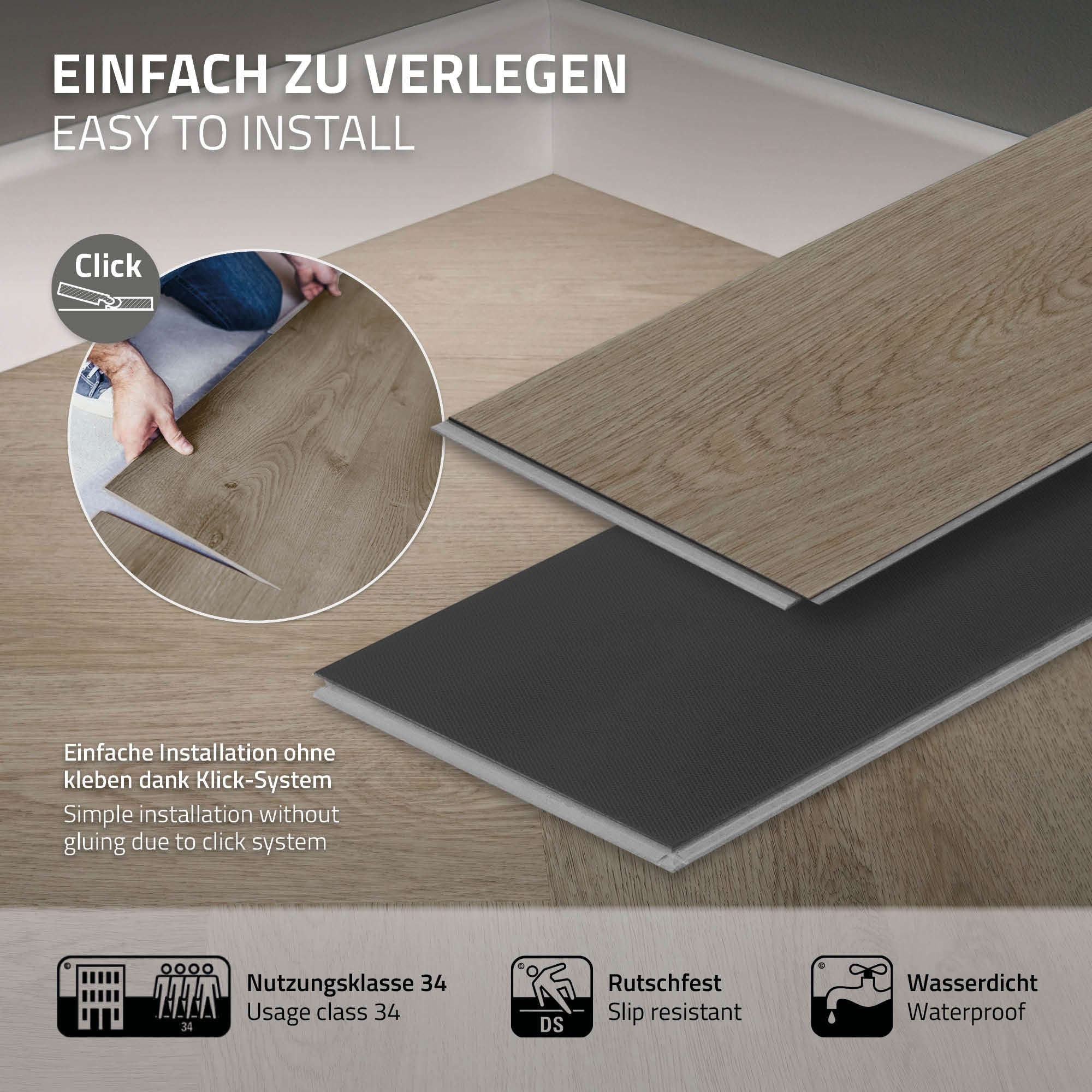 Einfach zu verlegendes Vinylbodenpaneel mit Klick-System.