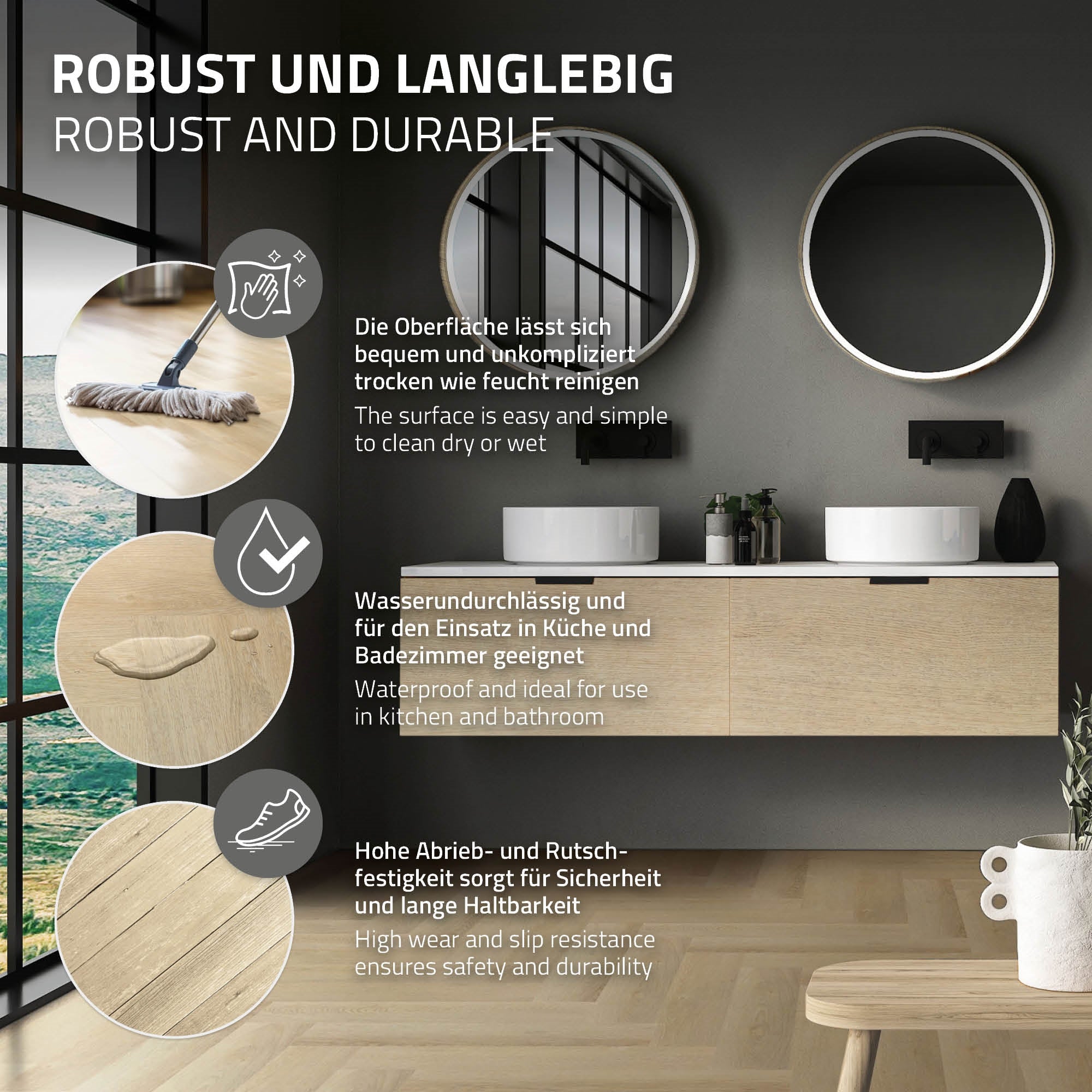 Moderne badkamer met twee wastafels en ronde spiegels.