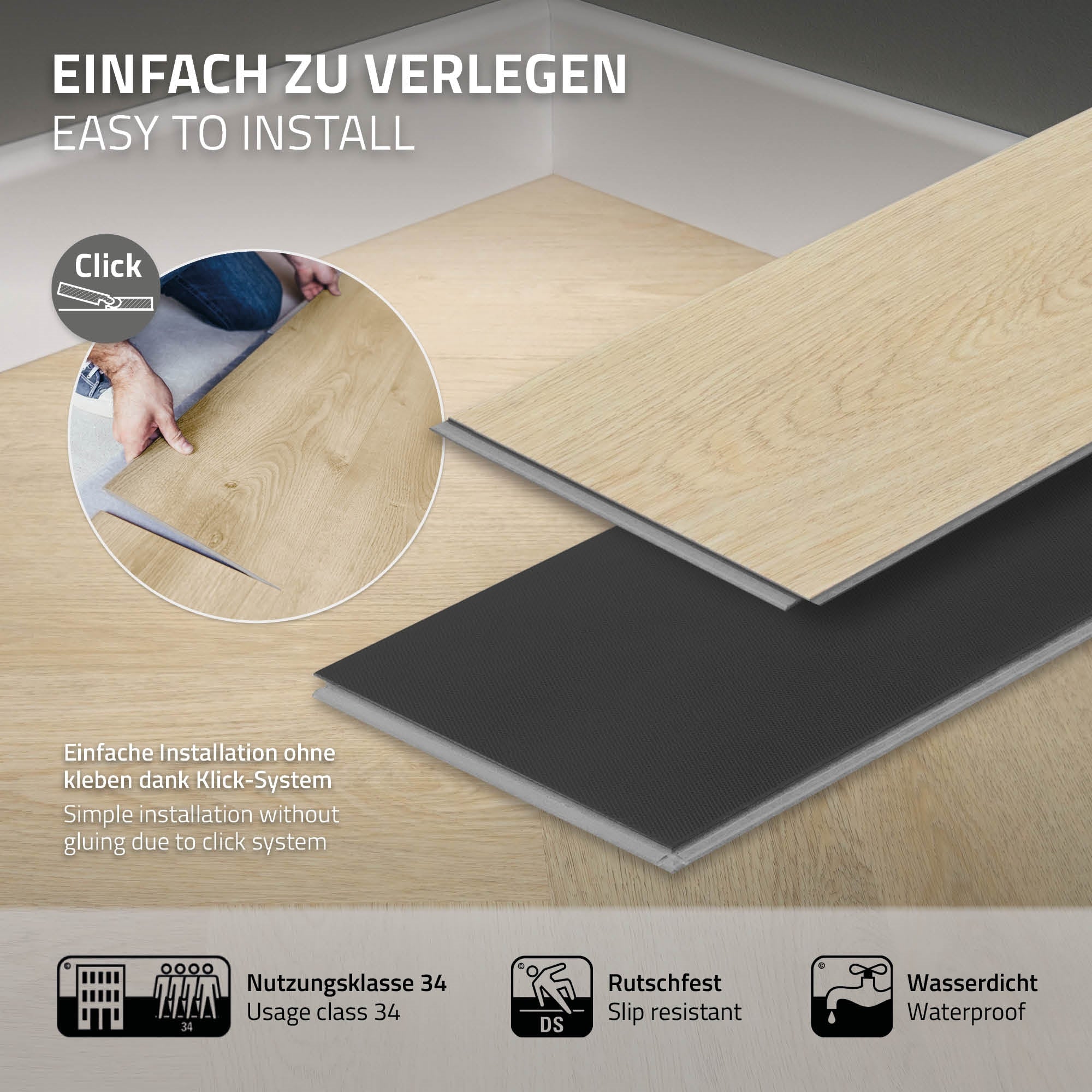 Bodenbelag mit Klick-System, rutschfest und wasserfest.