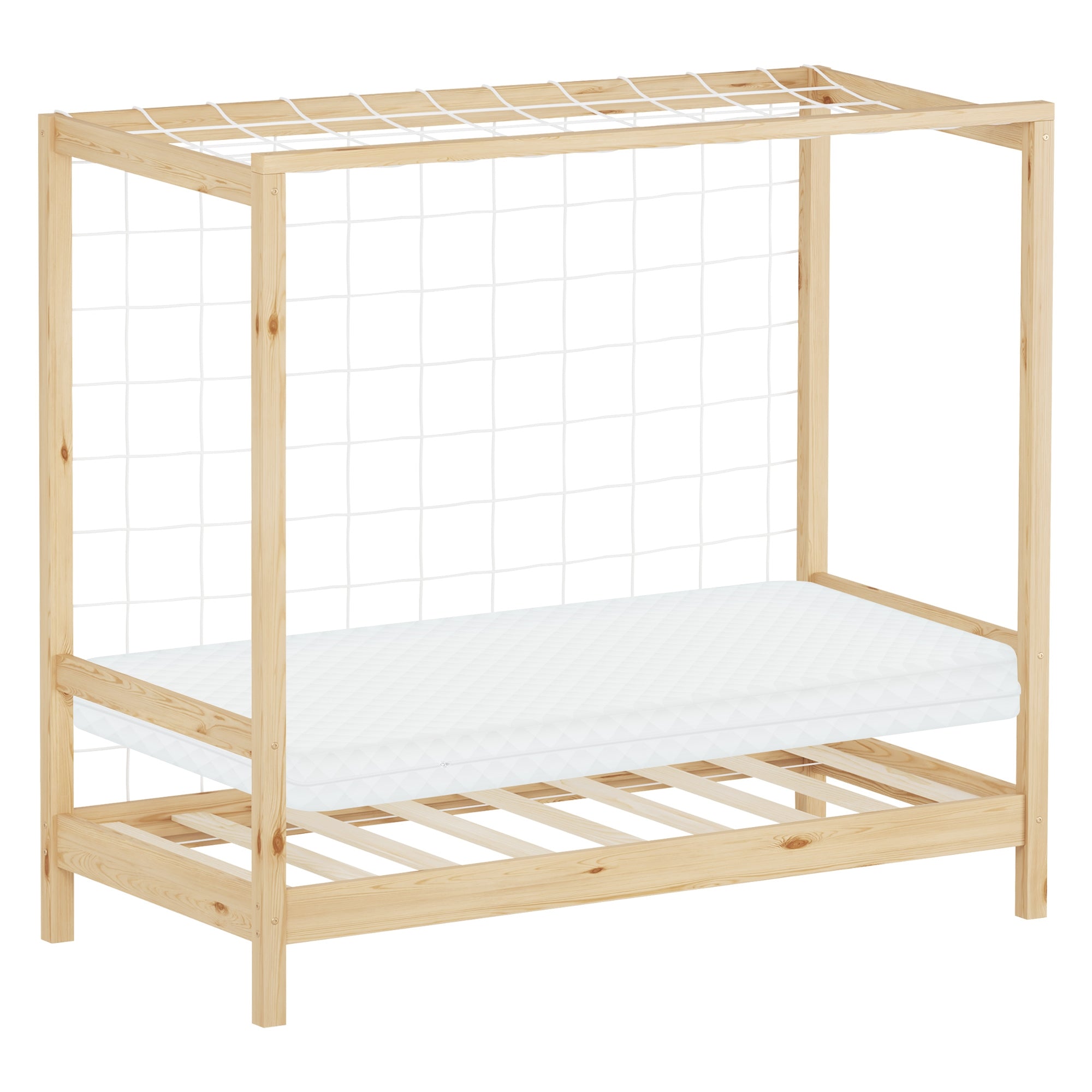 Un lit d'enfant en couleur naturelle avec un matelas sur le cadre.