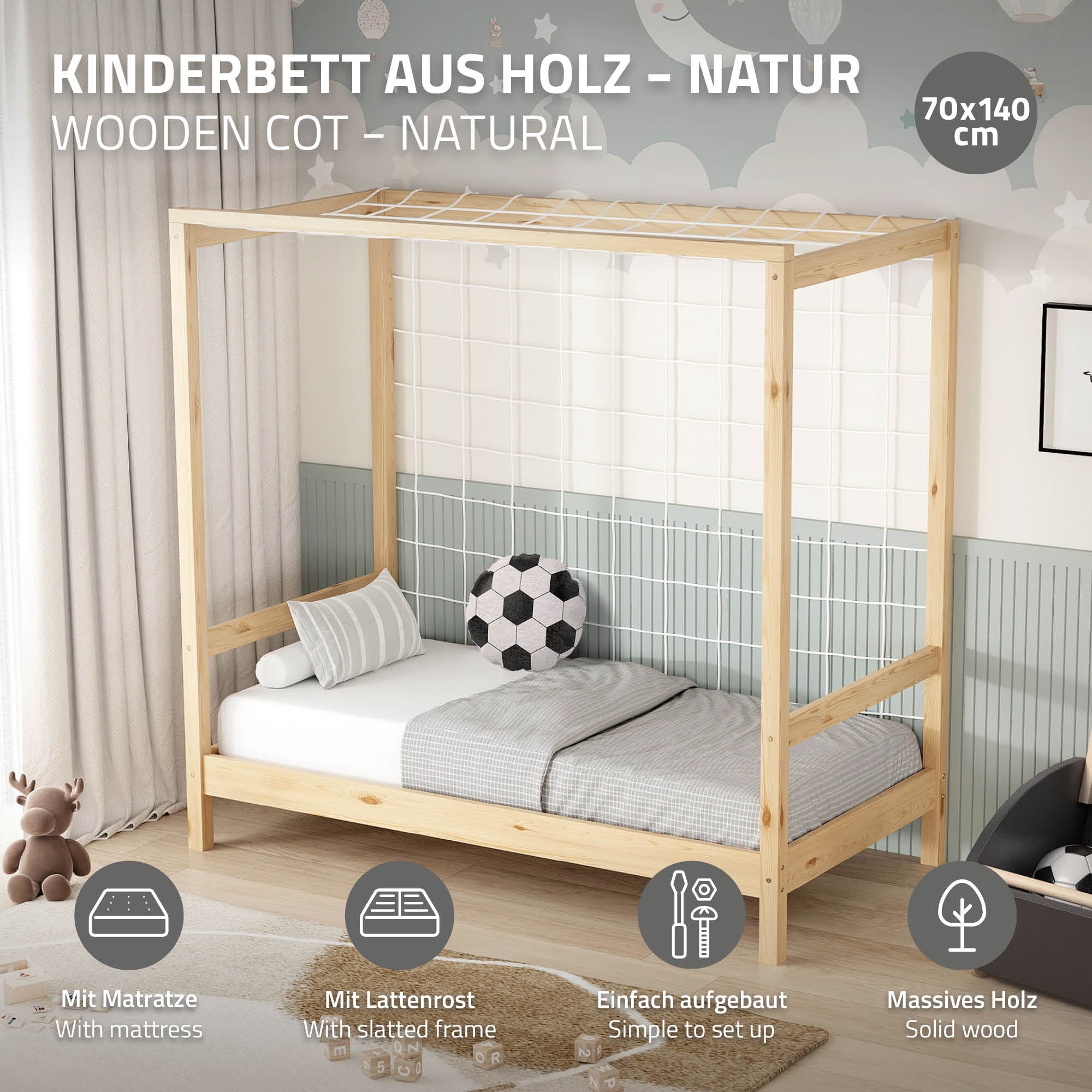 Lit d'enfant en bois avec matelas, système à lattes et montage facile.