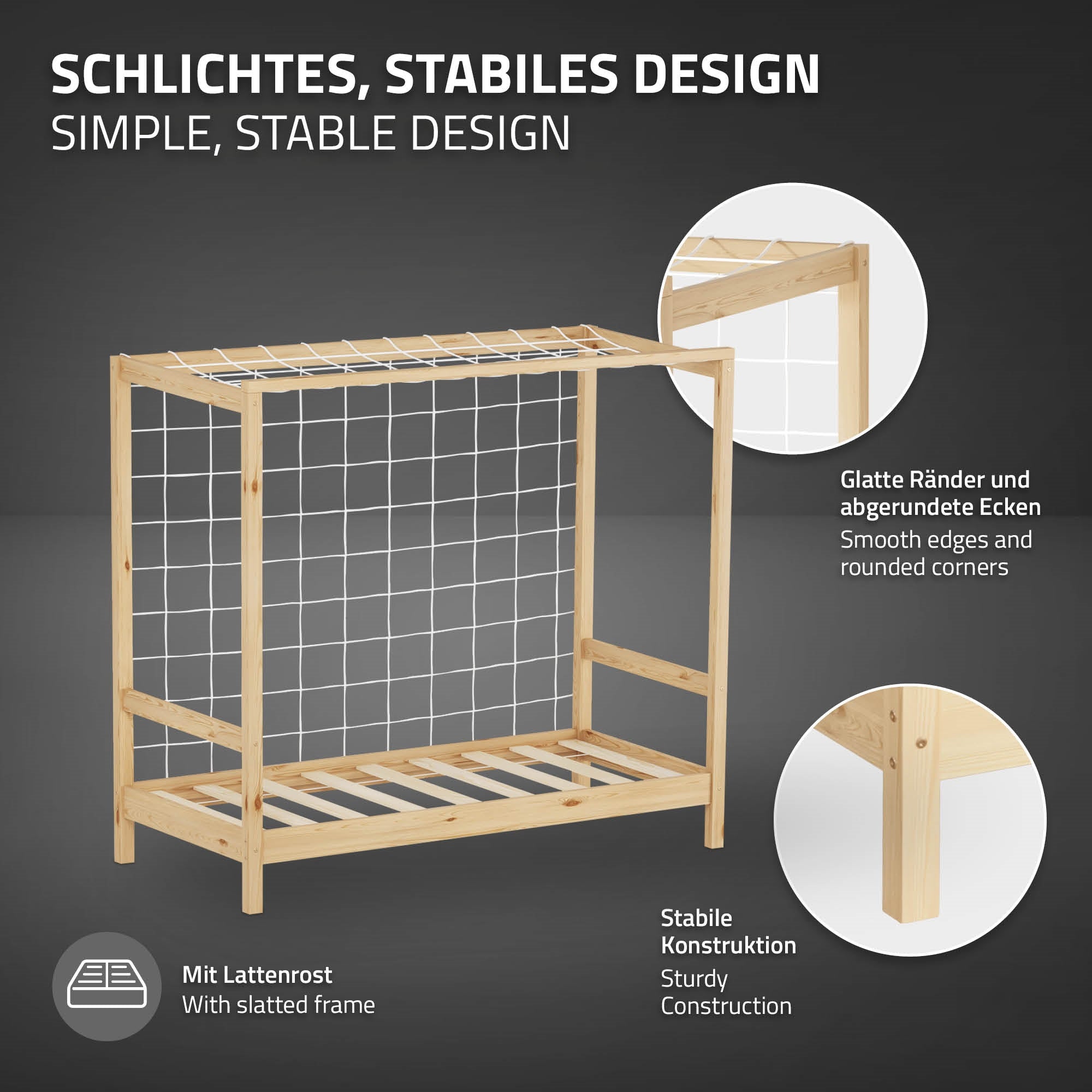 A simple wooden bed frame with a slatted base.