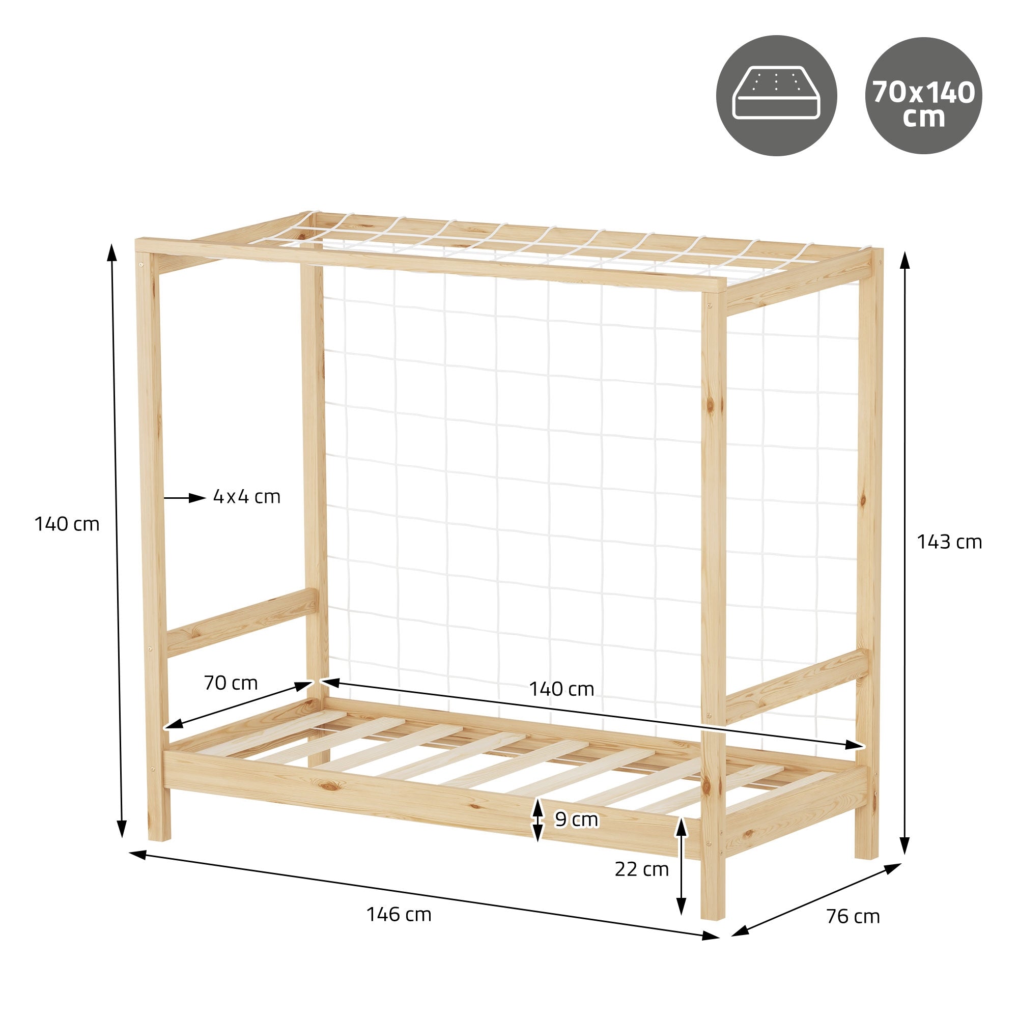 Dimension drawing of a bed frame with the dimensions 70x140 cm.