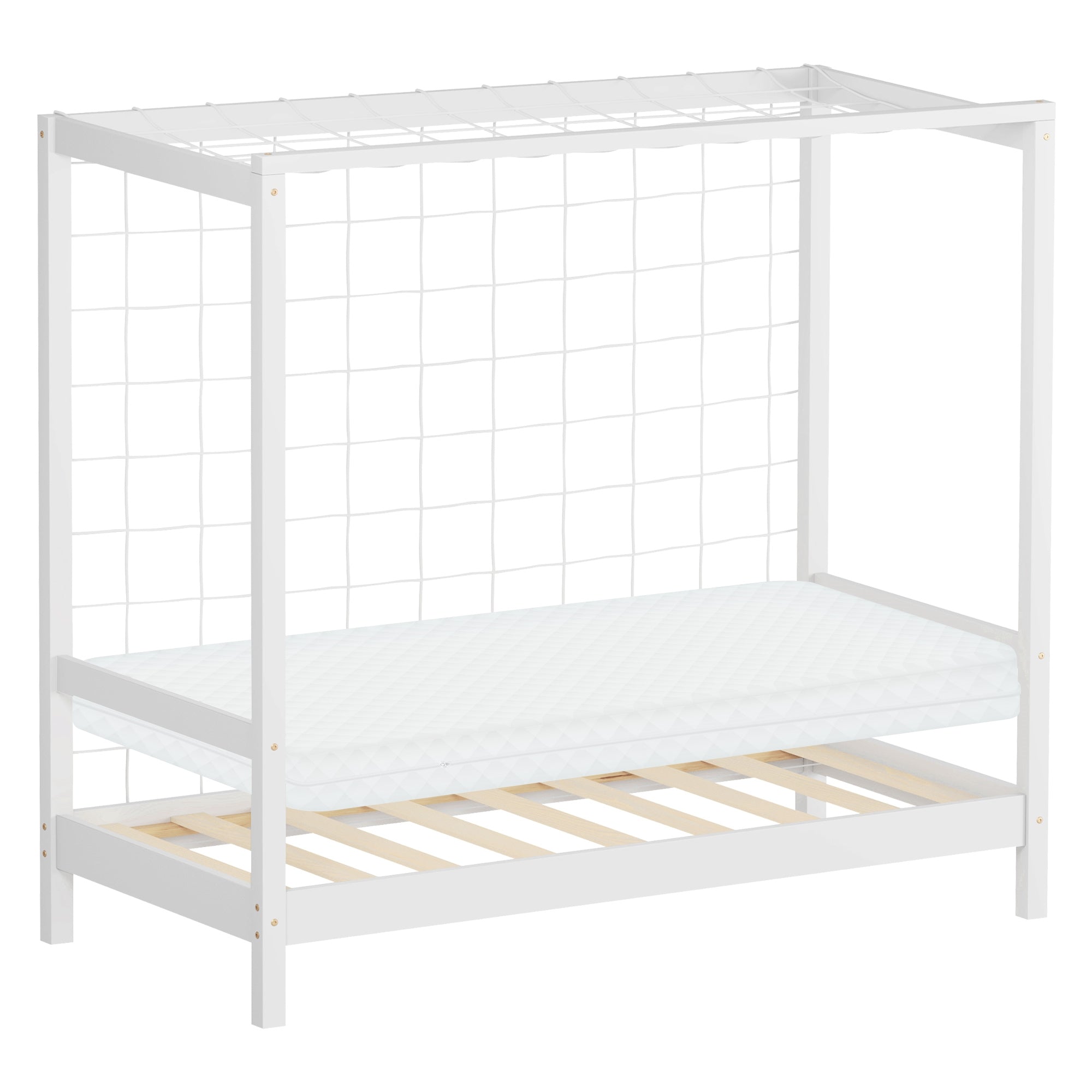 Cadre de lit avec matelas, bois blanc, avec sommier à lattes en dessous.
