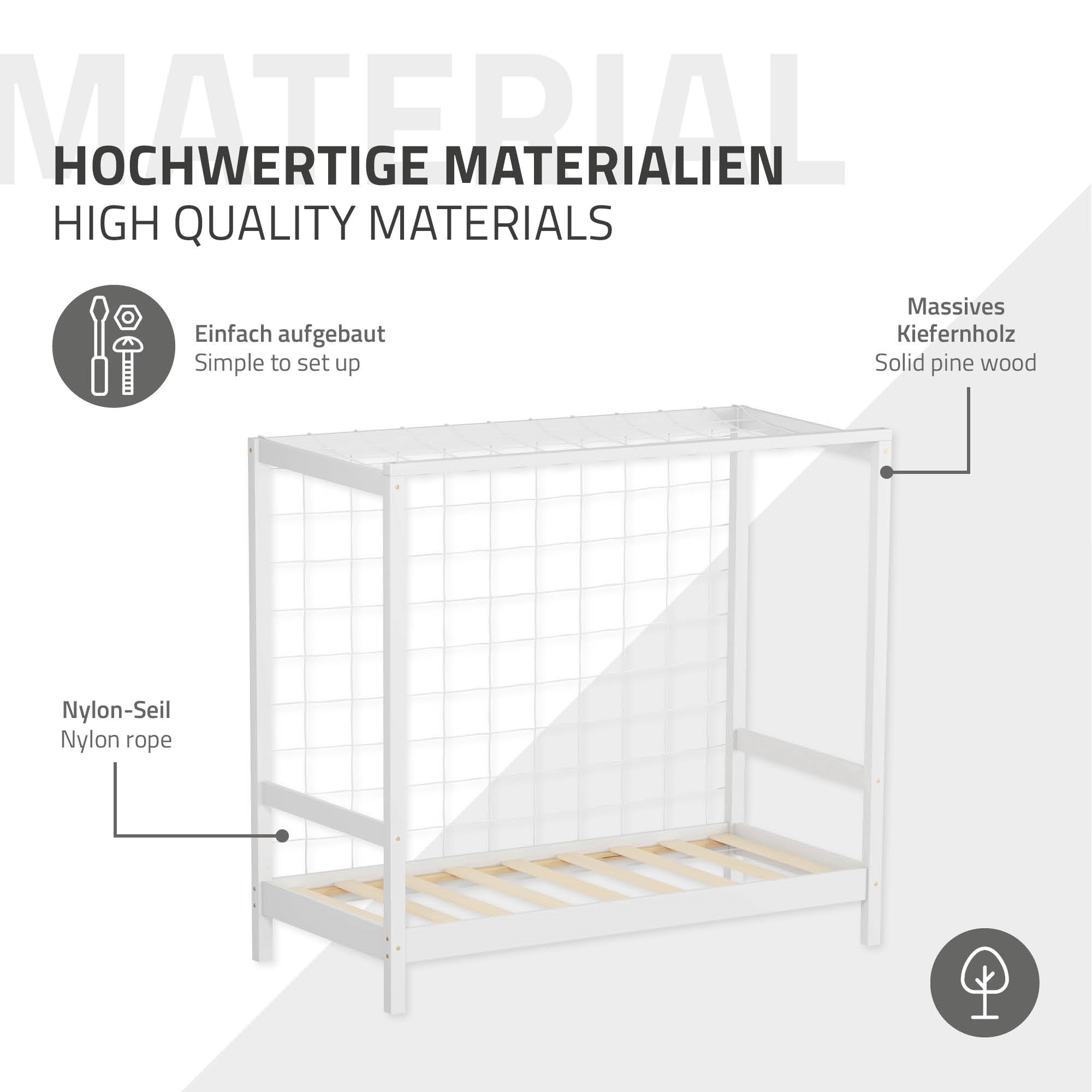 Ein Bettgestell aus massivem Kiefernholz mit einem Netz und einem Holzlattenrost.