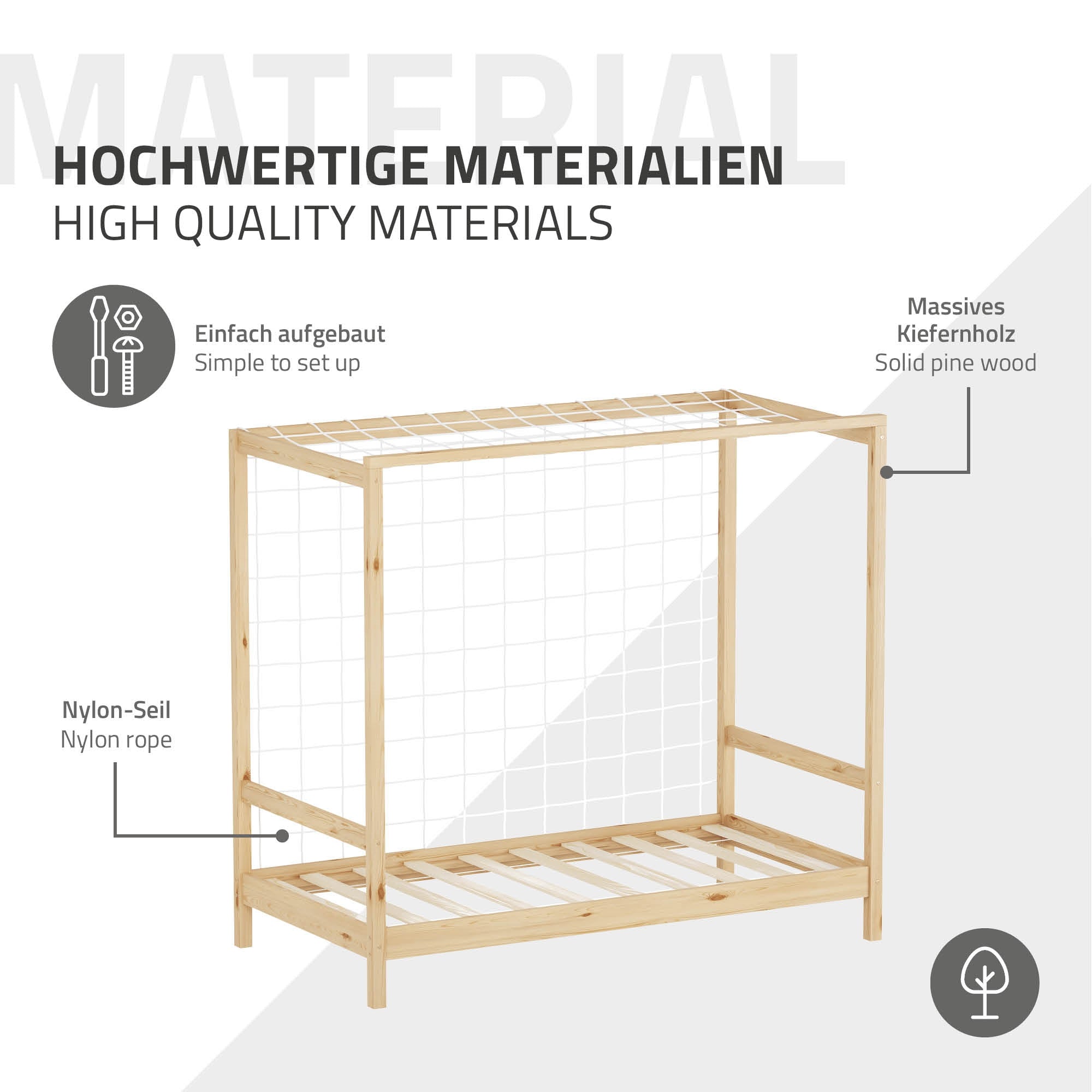 Letto per bambini in legno con materiale di alta qualità e corda in nylon per stabilità.