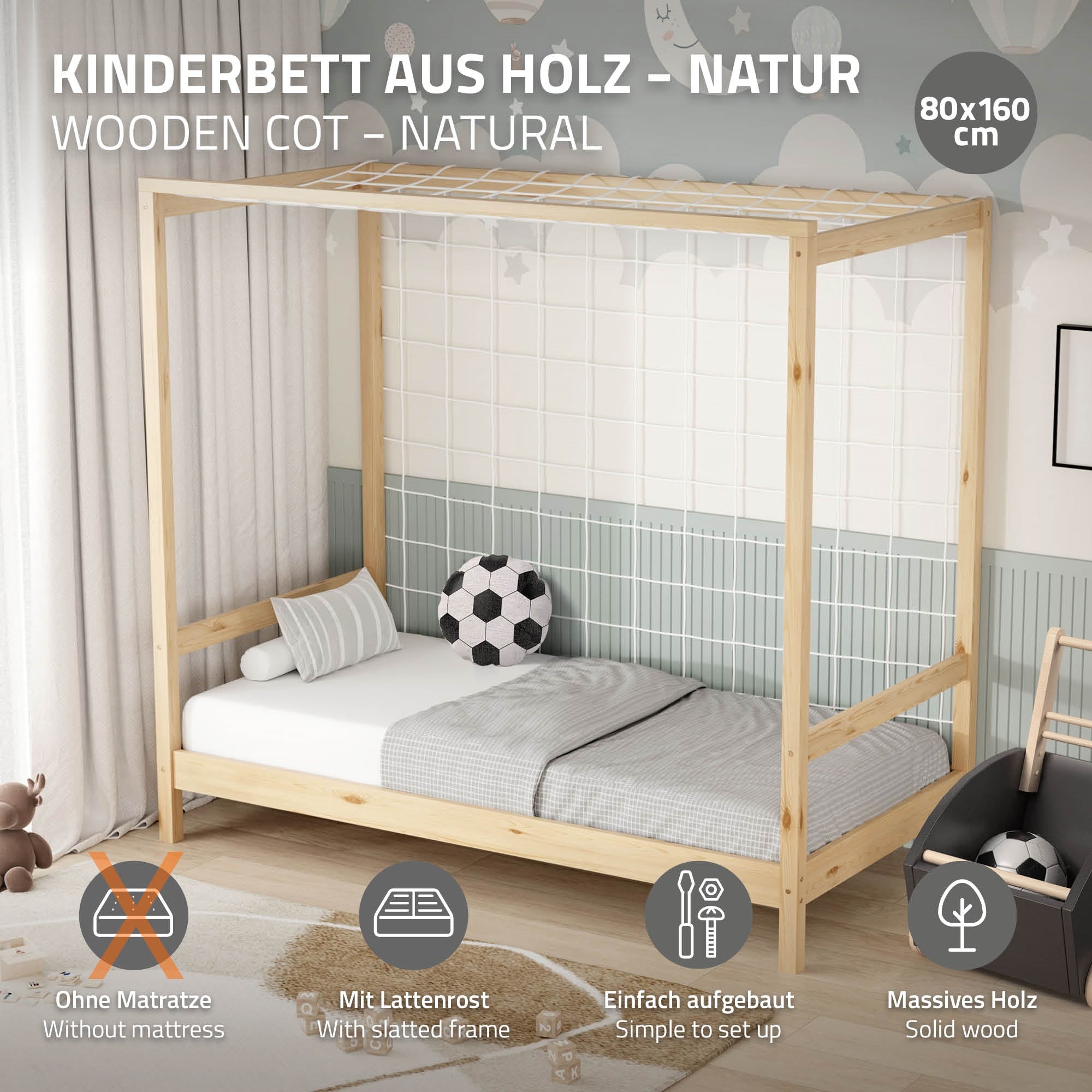 Lit en bois sans matelas, avec sommier à lattes et montage simple.