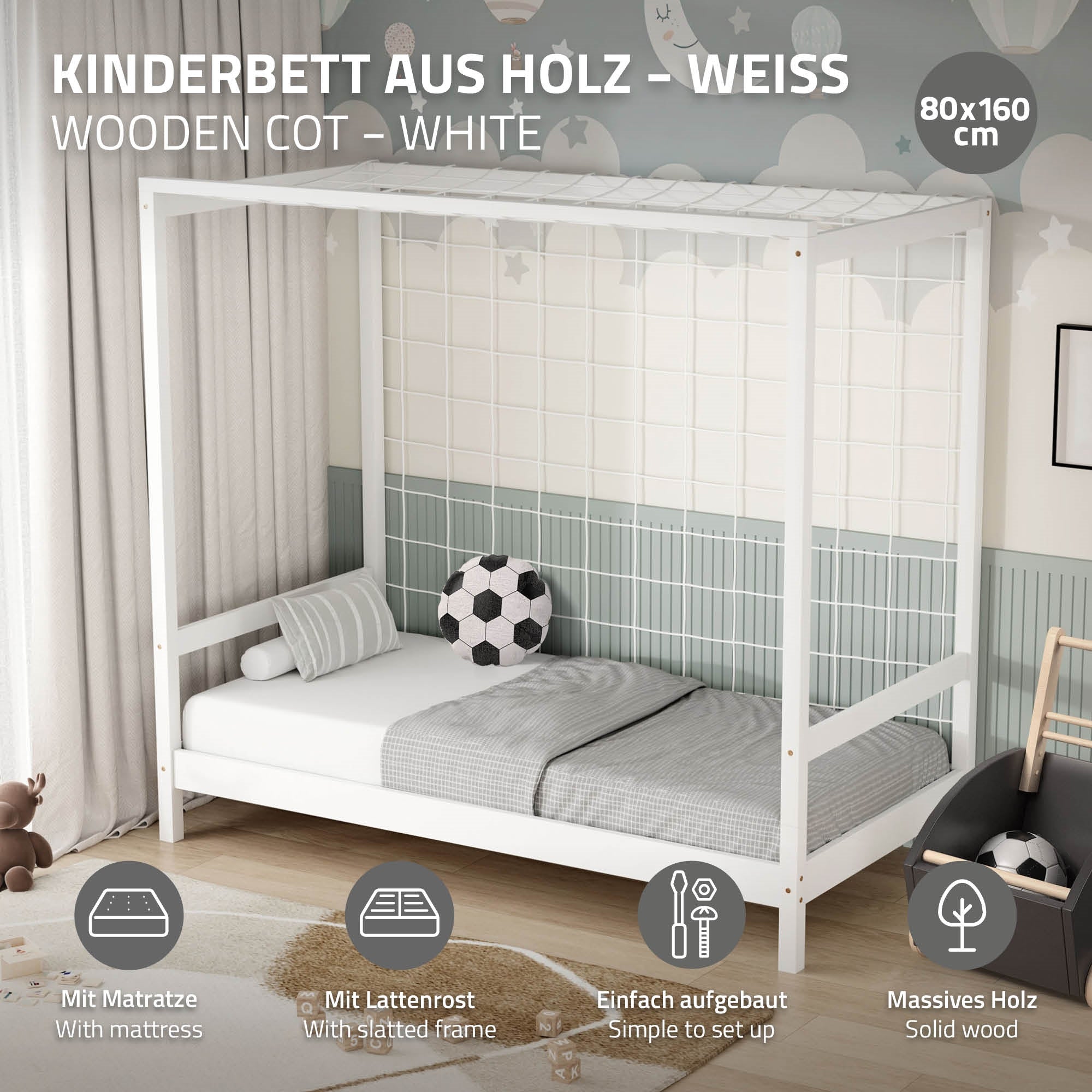 Weißes Kinderbett aus Holz mit Matratze und Lattensystem.