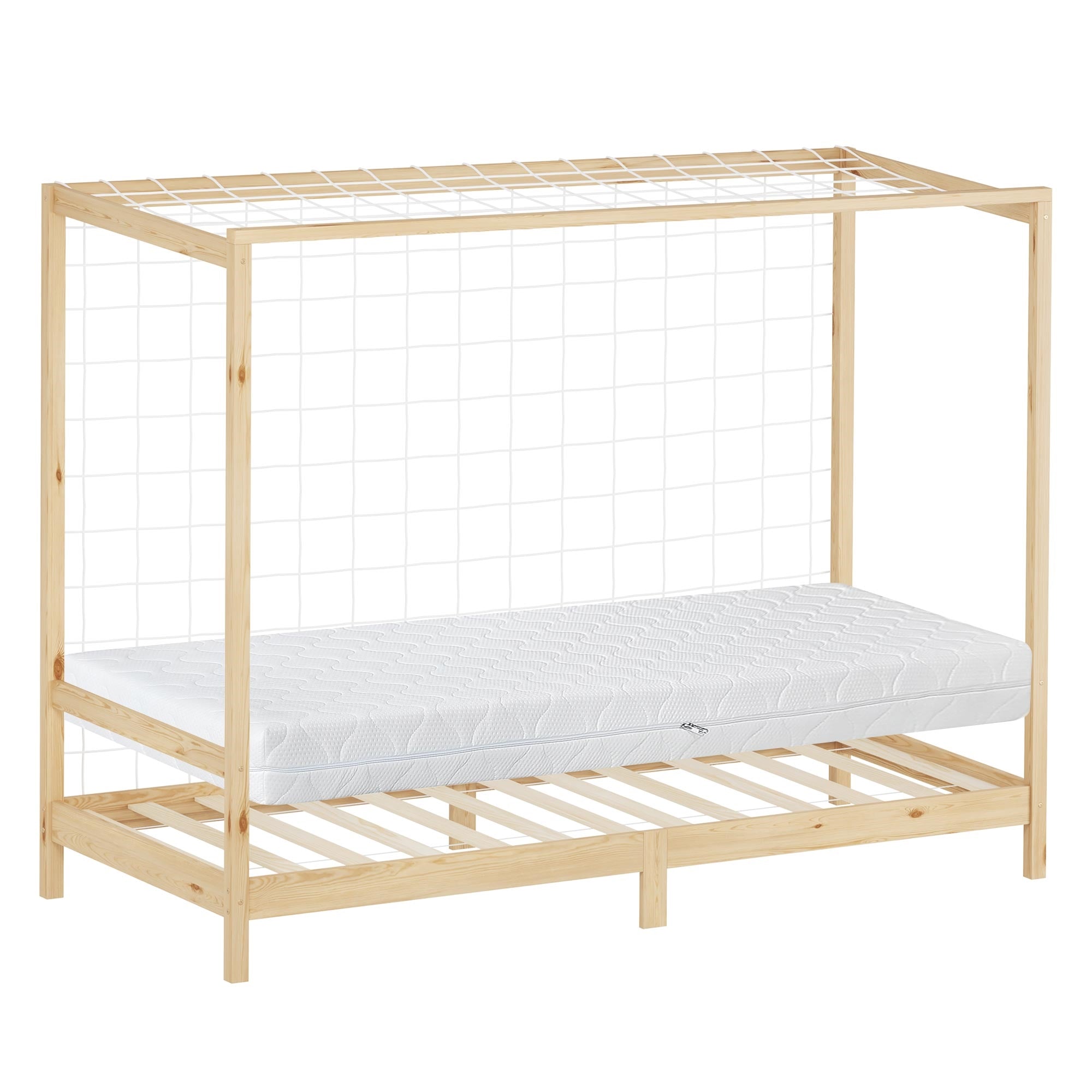 Cadre en bois avec matelas, grille en haut, dans une teinte de bois naturel.