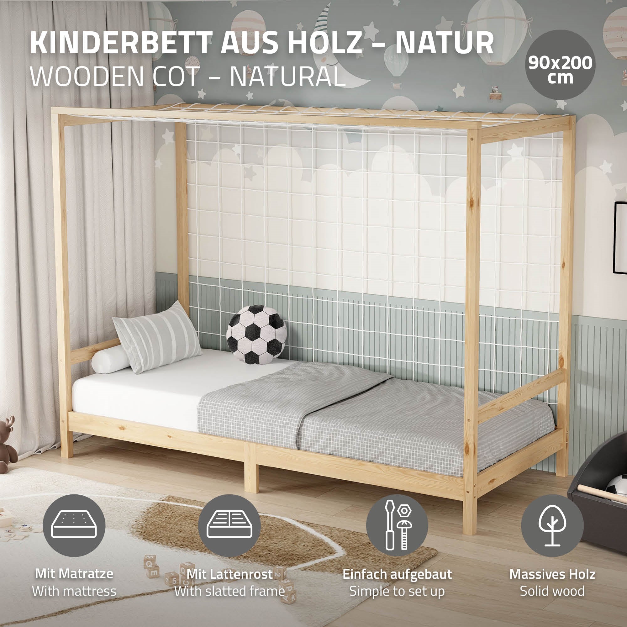 Lit d'enfant en bois avec matelas, dimensions 90x200 cm, facile à assembler.