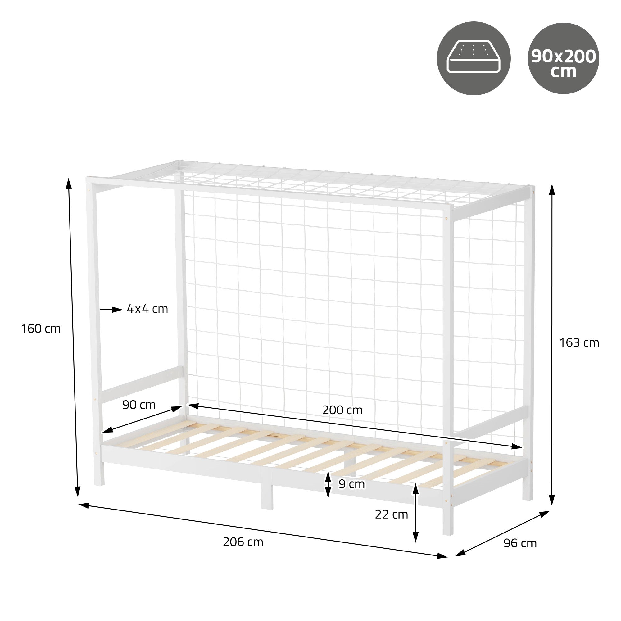 Dibujo técnico de una cama con medidas en cm.