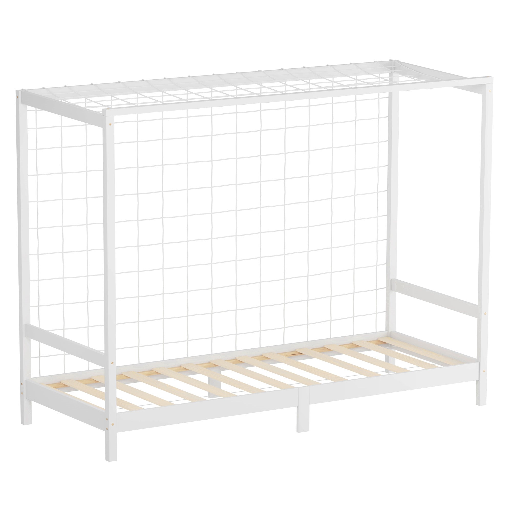 Valkoinen puuhyllykkö, jossa on ritilä, sängynpohja näkyvissä.