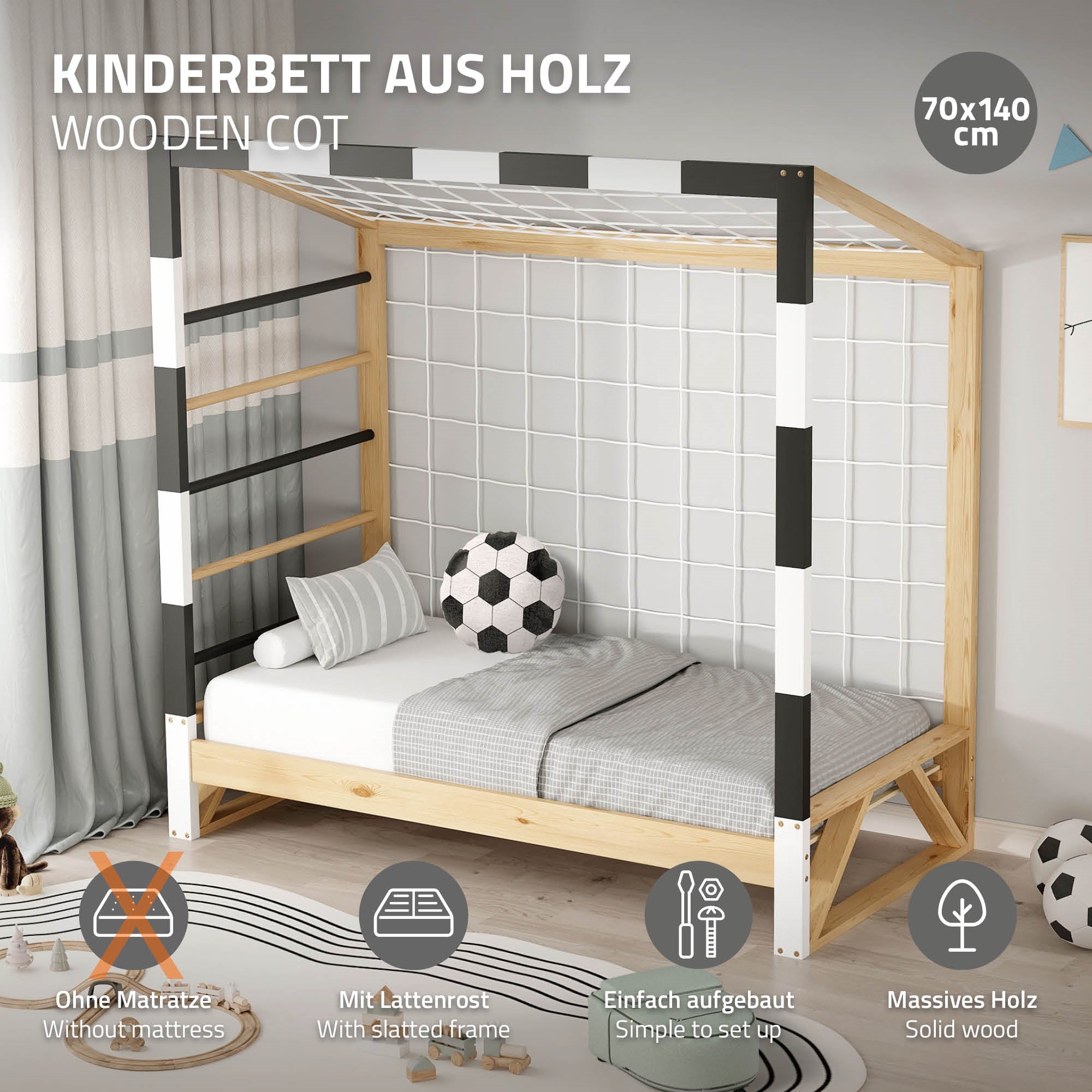 Lit d'enfant en bois avec sommier à lattes, sans matelas, design simple.
