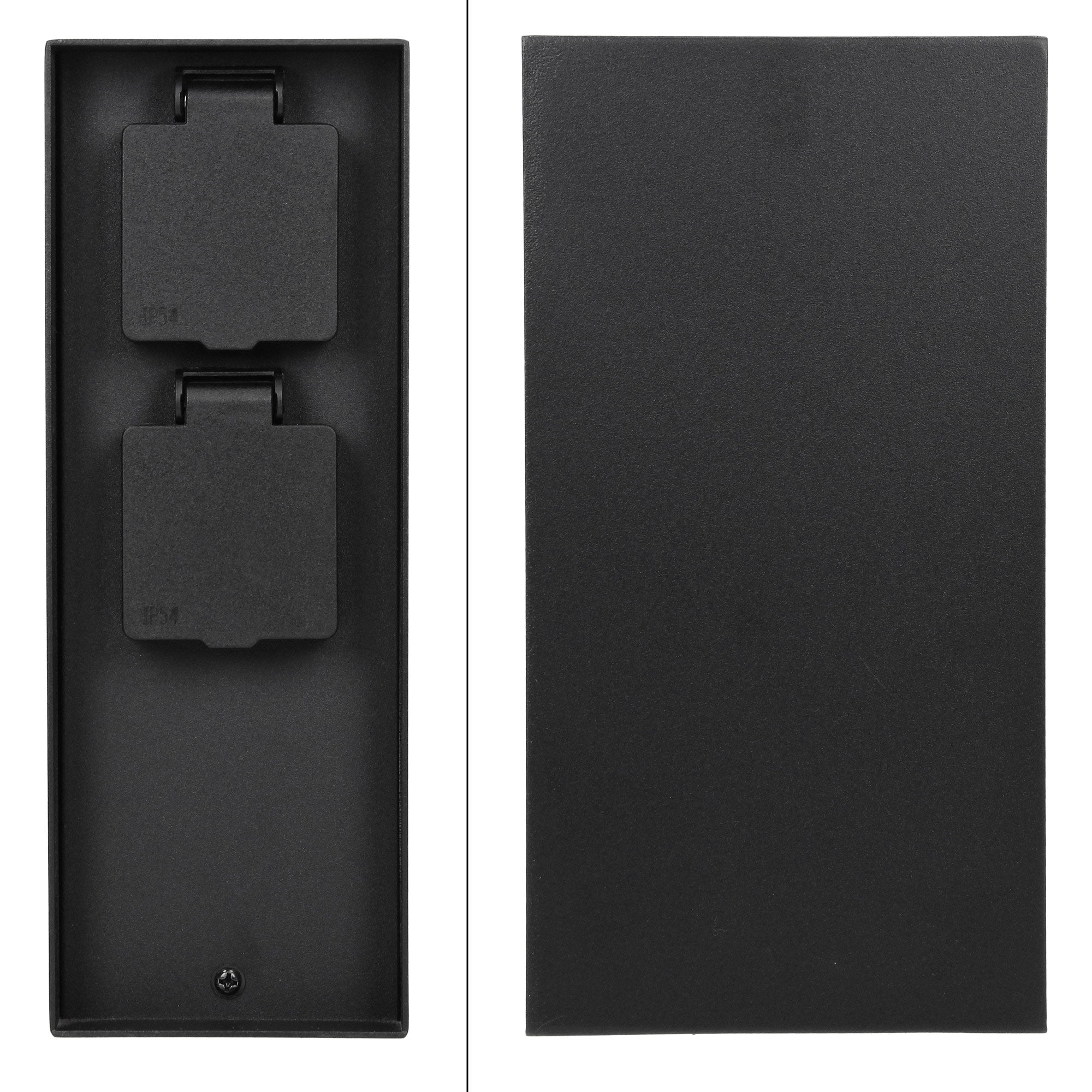 Black wall mount with two compartments and a smooth back.
