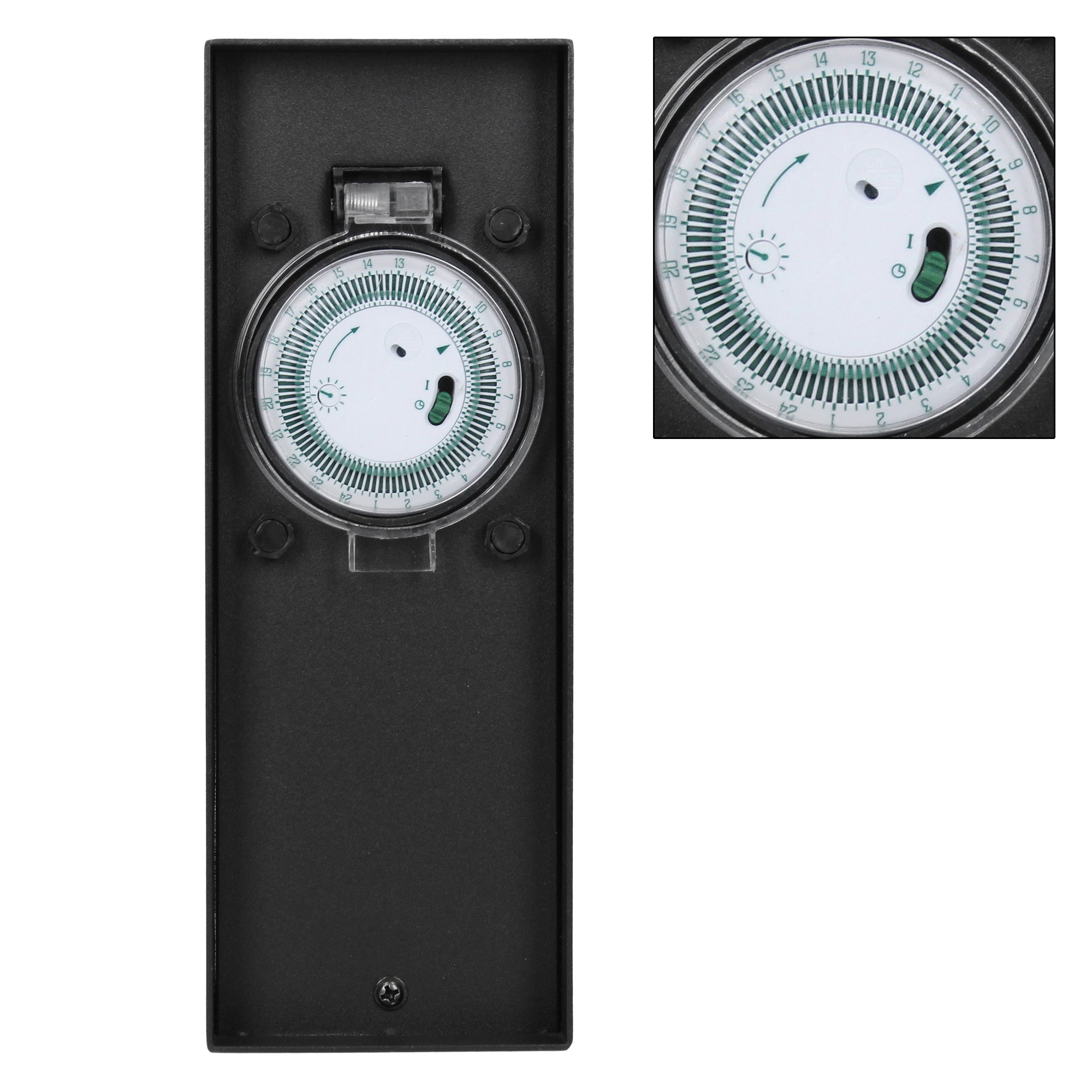 Black timer with an analog dial.