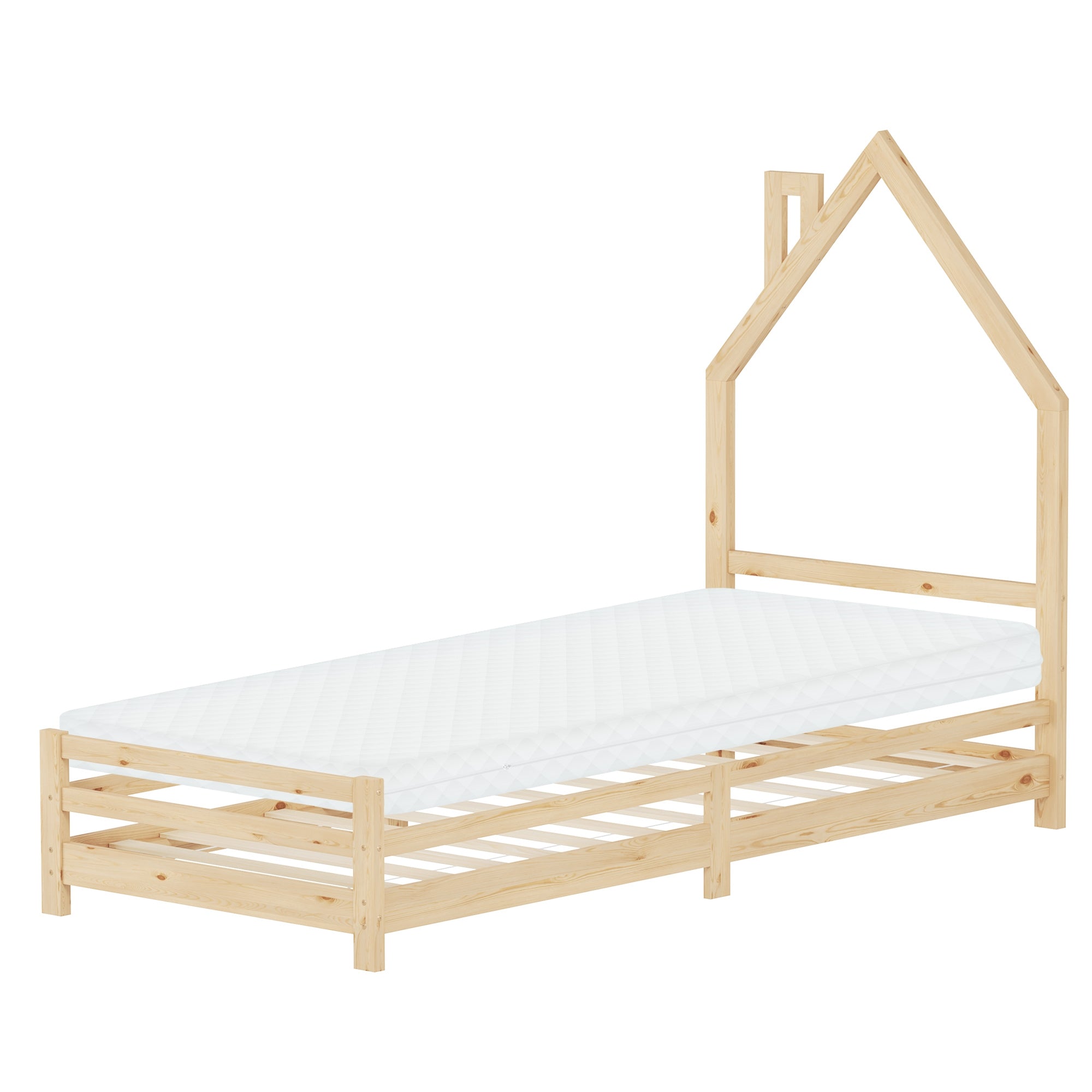Holz-Kinderbett in natürlichem Finish, ohne Matratze, mit Hausform.