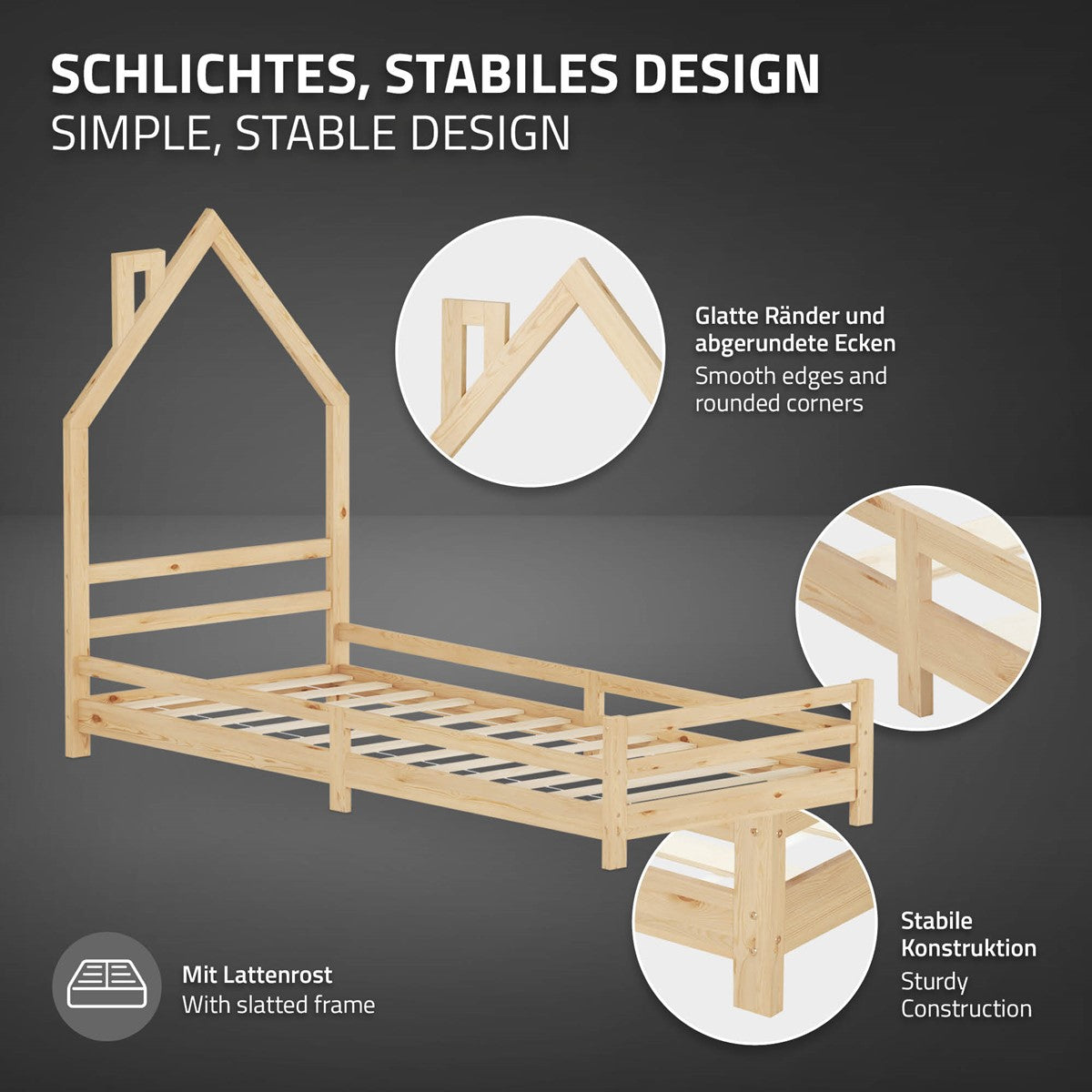 Holzrahmenbett in Hausform mit glatten Kanten und stabiler Konstruktion.