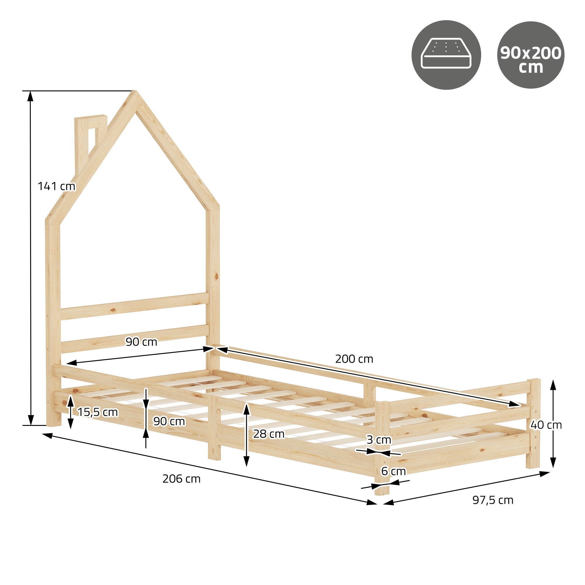 Házformájú ágy, méretei: 90x200 cm, magasság 141 cm, szélesség 90 cm, hosszúság 206 cm.