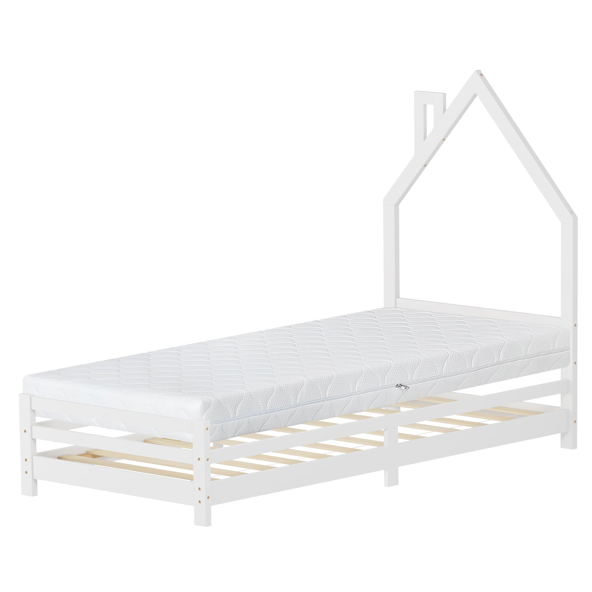 Weißes Bett mit Matratze, Holzlatten und Hausdach-Design.
