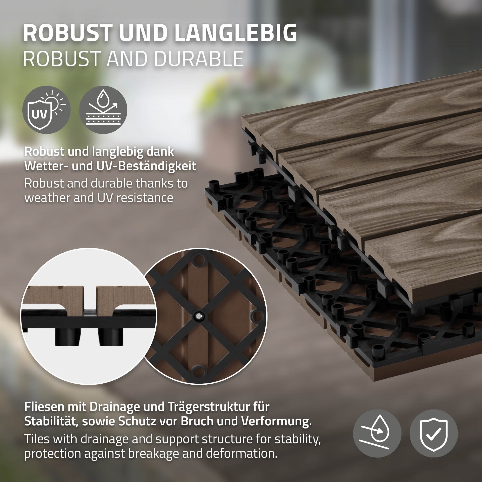 Detailweergave van een WPC-tegel met drainage en draagstructuur.
